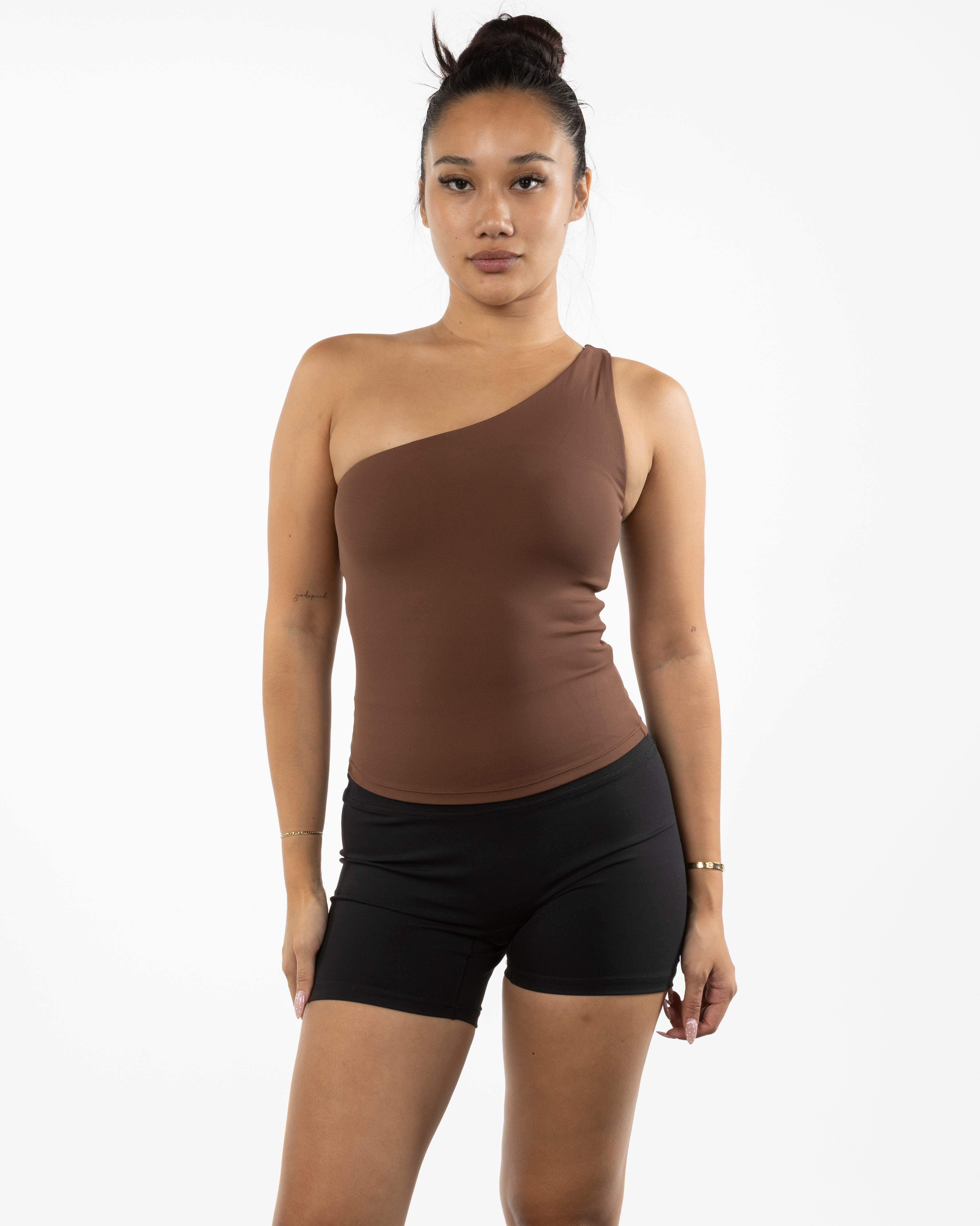 The One Shoulder Tank - Brown - Coach Code - Left Bottom Back - Text - Printed - White