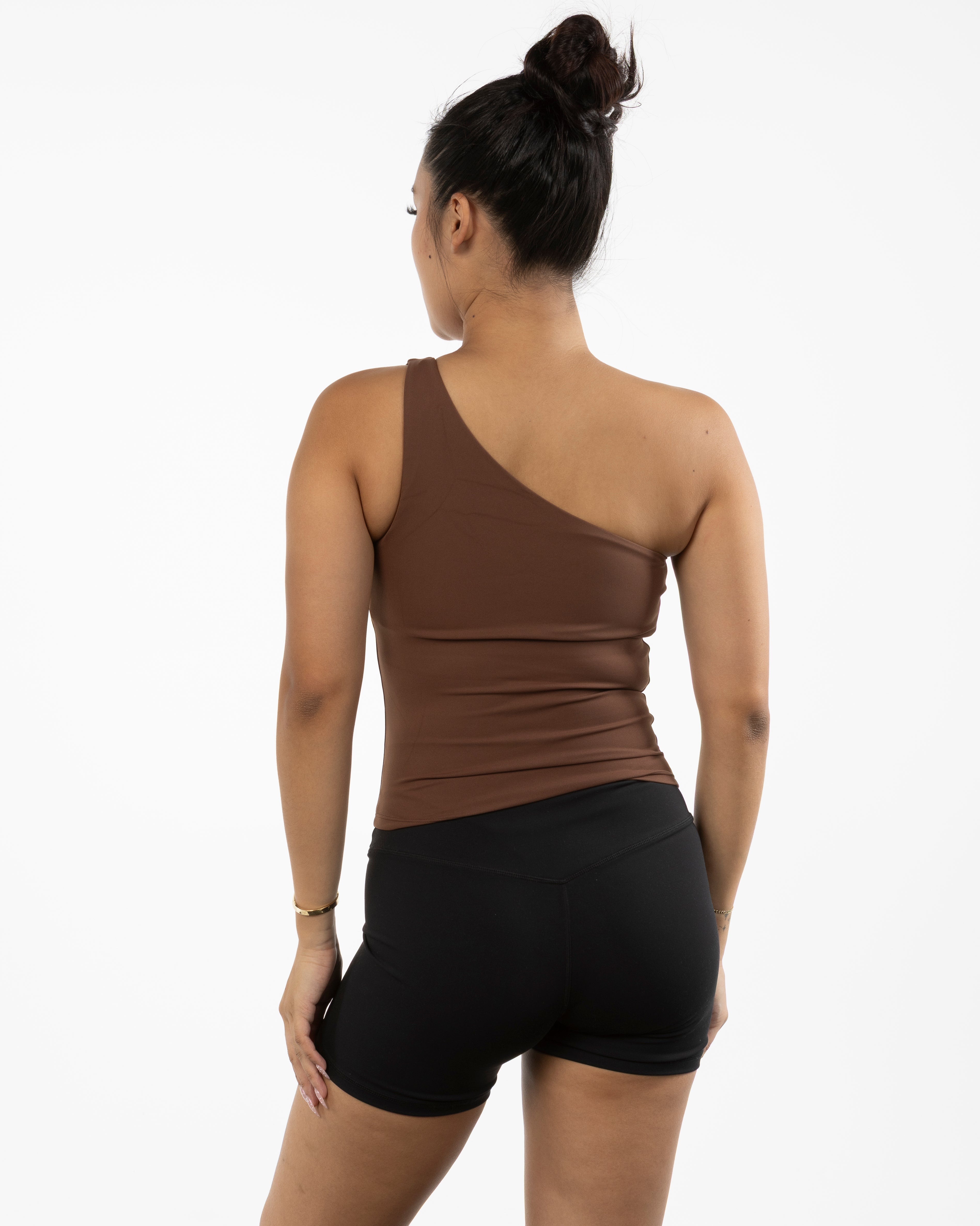 The One Shoulder Tank - Brown - Coach Code - Left Bottom Back - Text - Printed - White