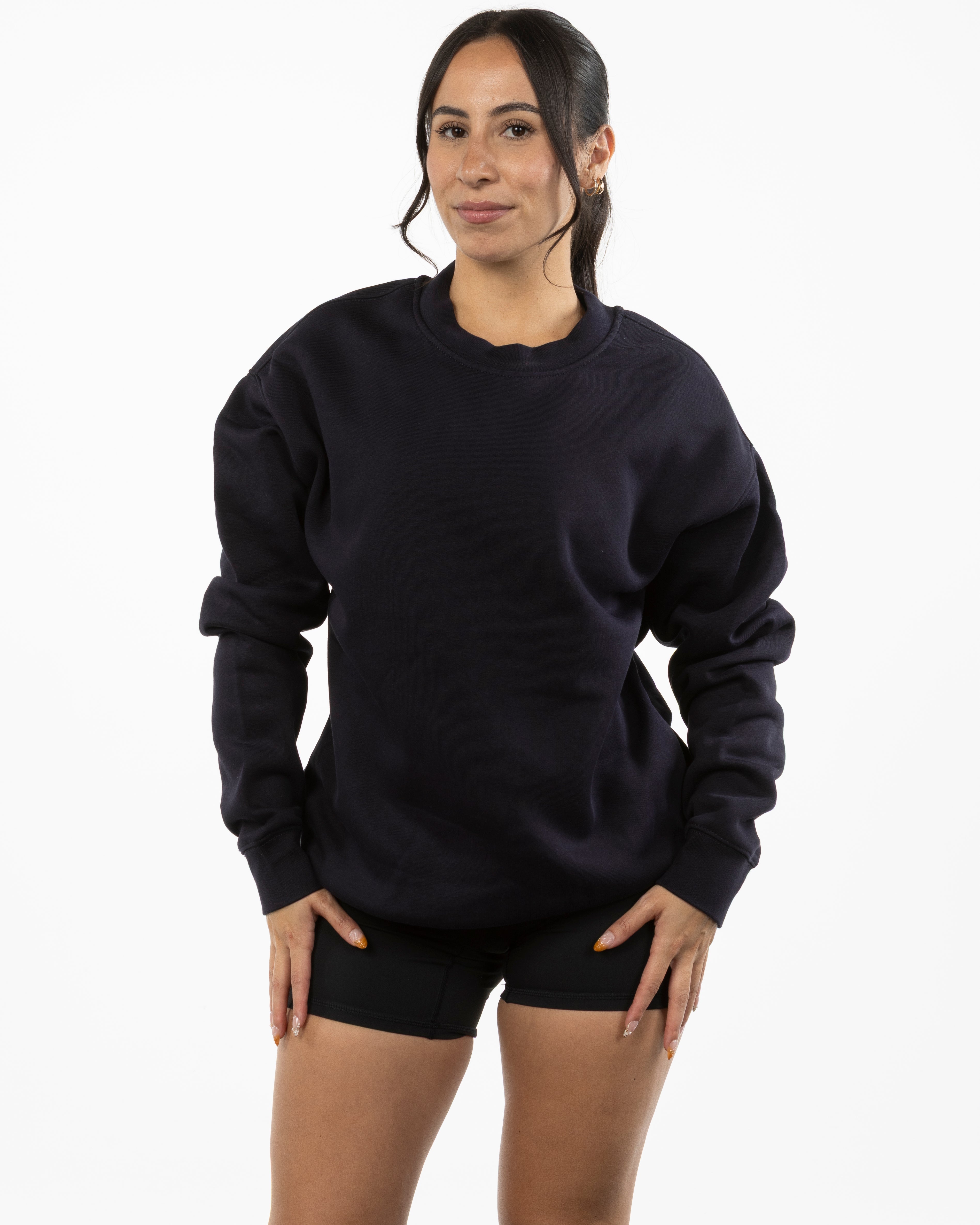 The Womens Crewneck - Ink Blue - Evolve Lagree - Left Chest Stacked - Embroidered - White