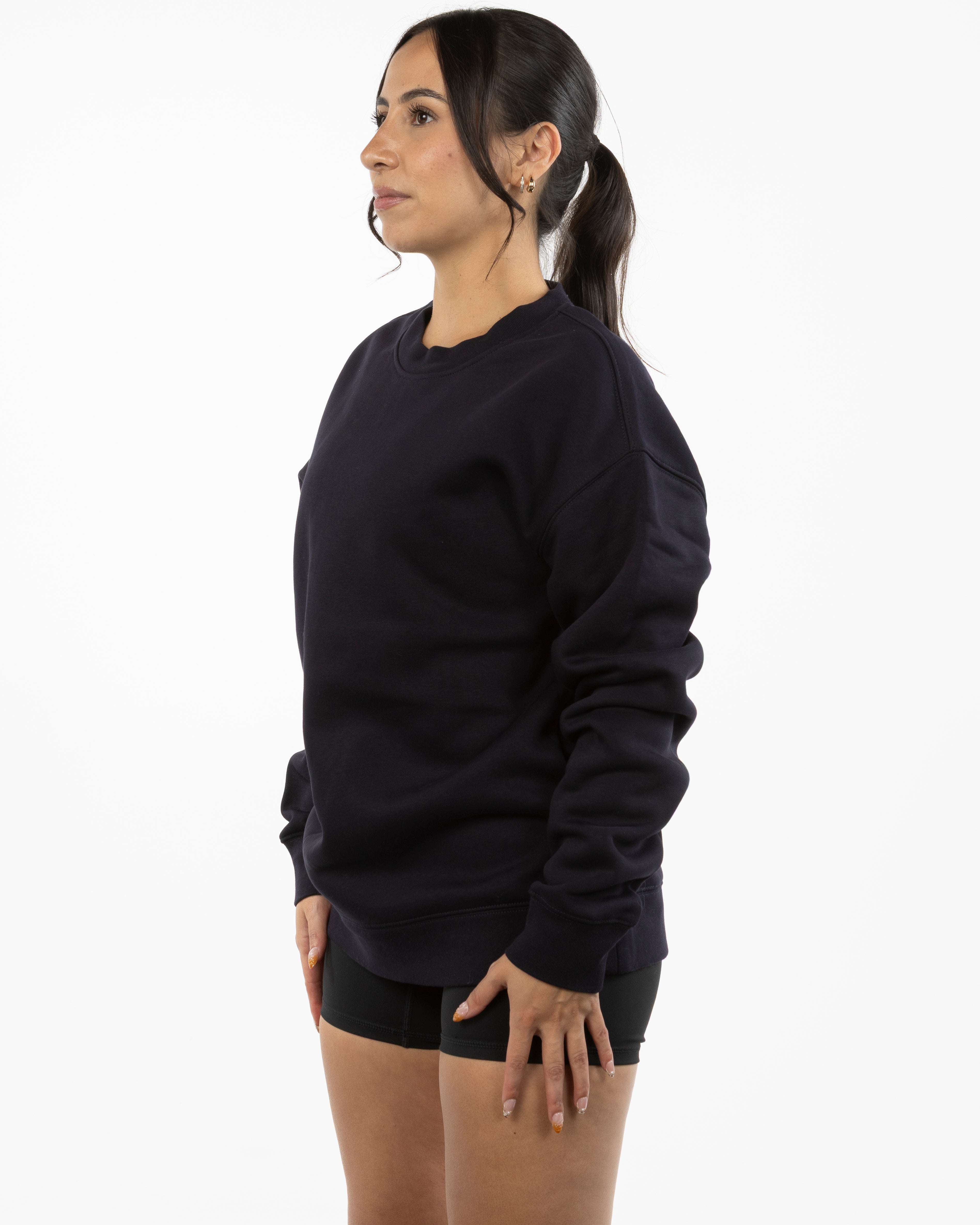The Womens Crewneck - Ink Blue - Evolve Lagree - Left Chest Stacked - Embroidered - White