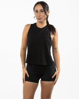 The Crop Muscle Racerback - Black - Neighborhood Barre - Center Chest Stacked - Printed - White