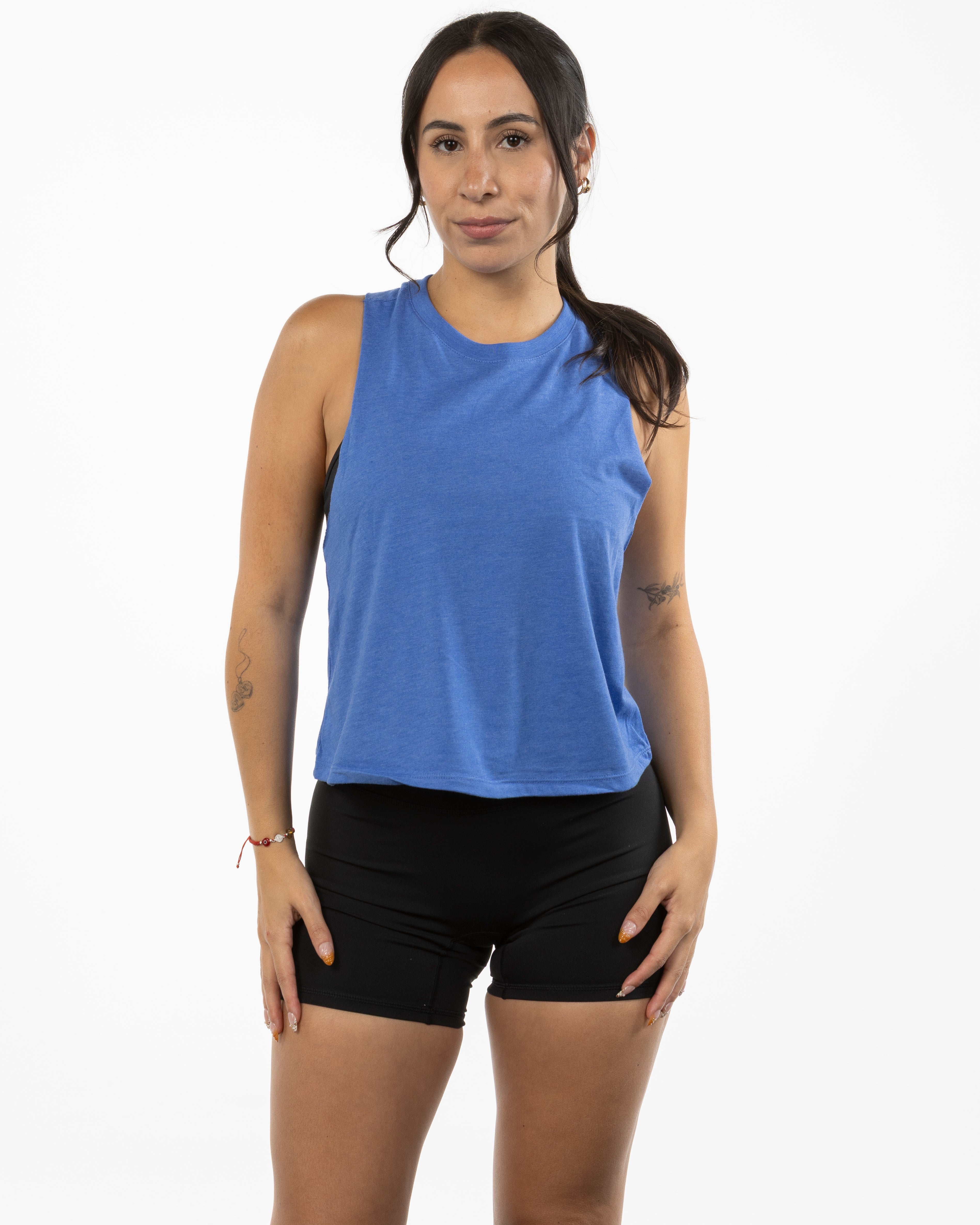 The Crop Muscle Racerback - Heather True Royal - Powerhouse Fitness - Left Chest & Center Back - Printed - White