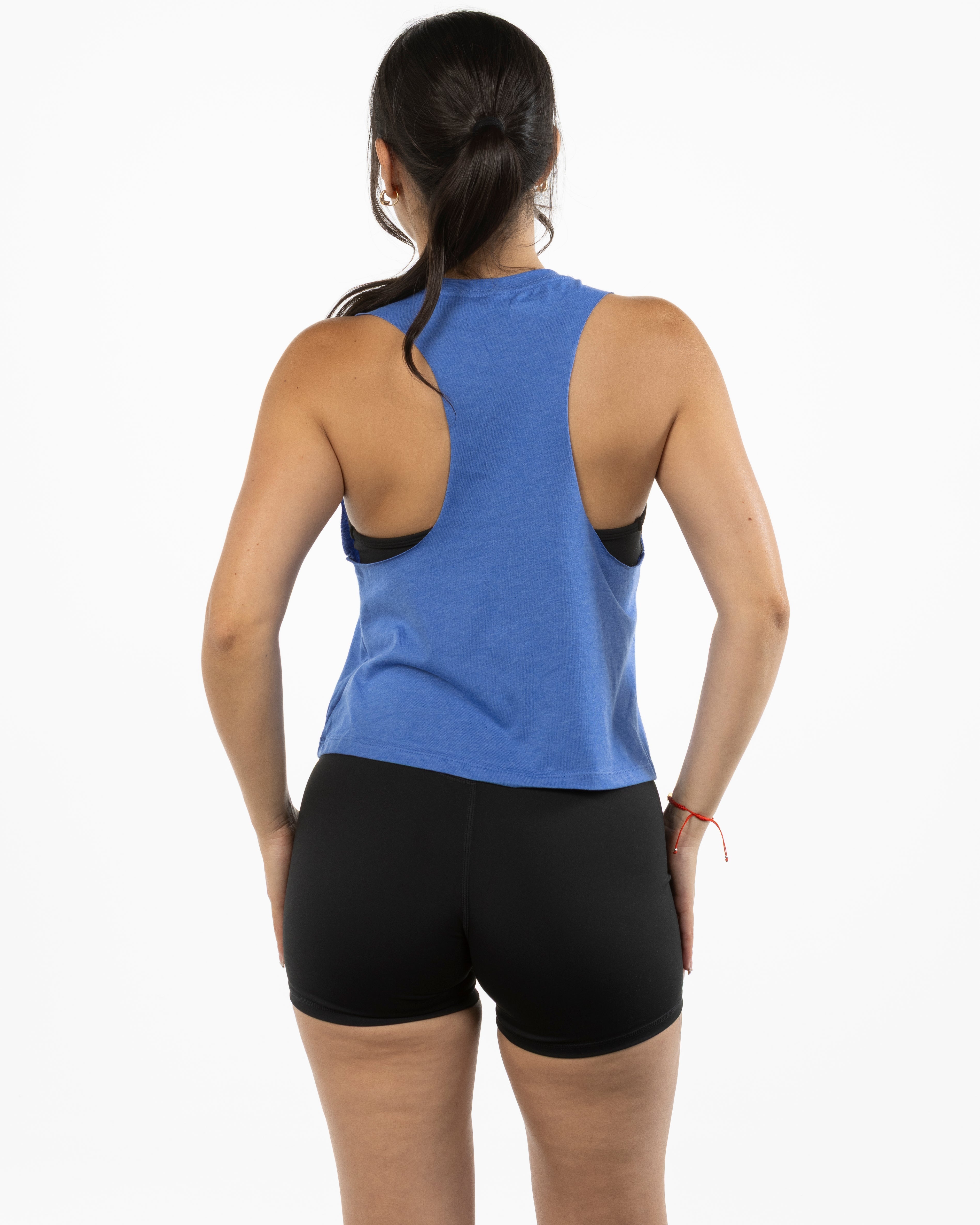 The Crop Muscle Racerback - Heather True Royal - Powerhouse Fitness - Left Chest & Center Back - Printed - White