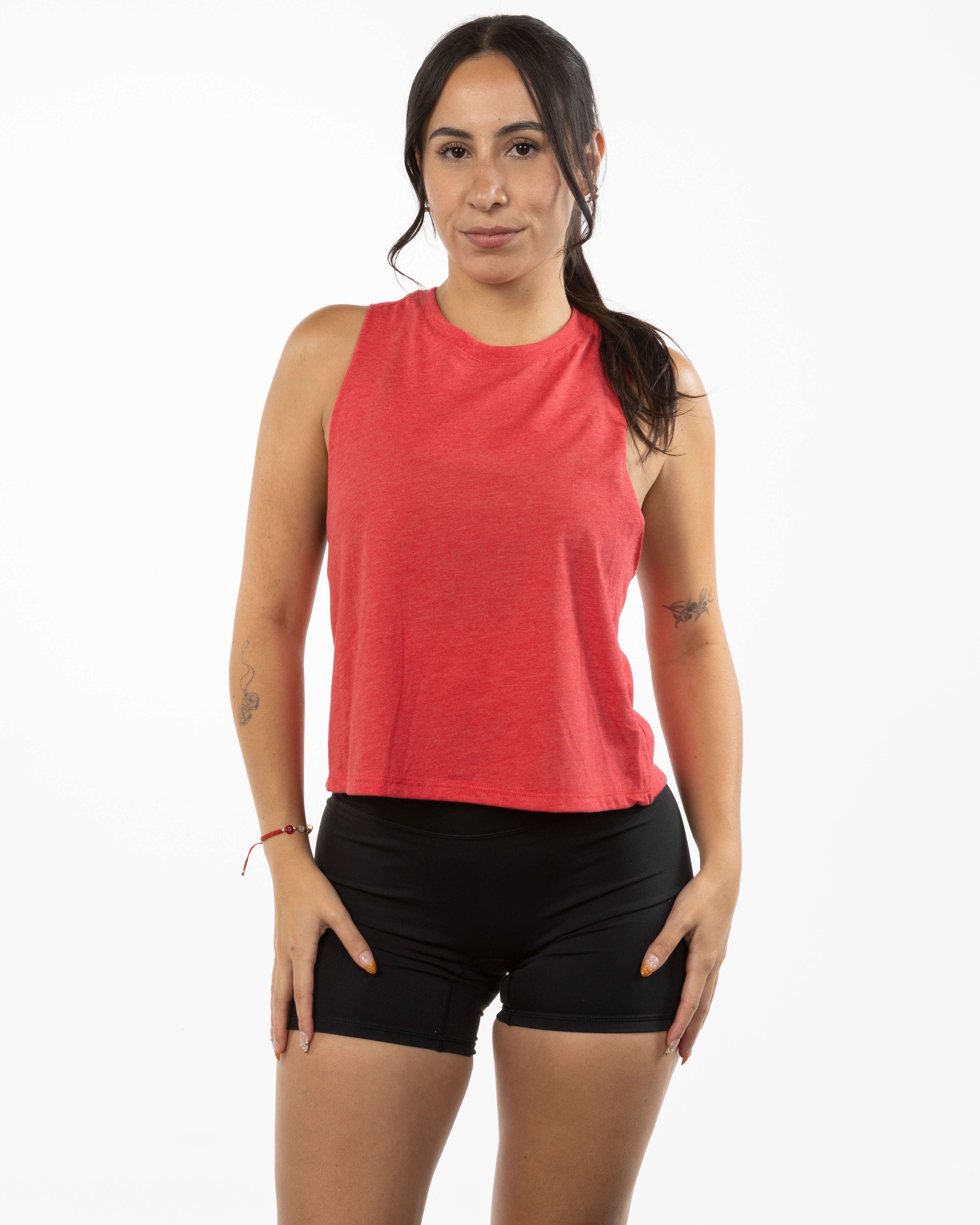 The Crop Muscle Racerback - Heather Red - Evolve Collective - Center Chest - Printed - White