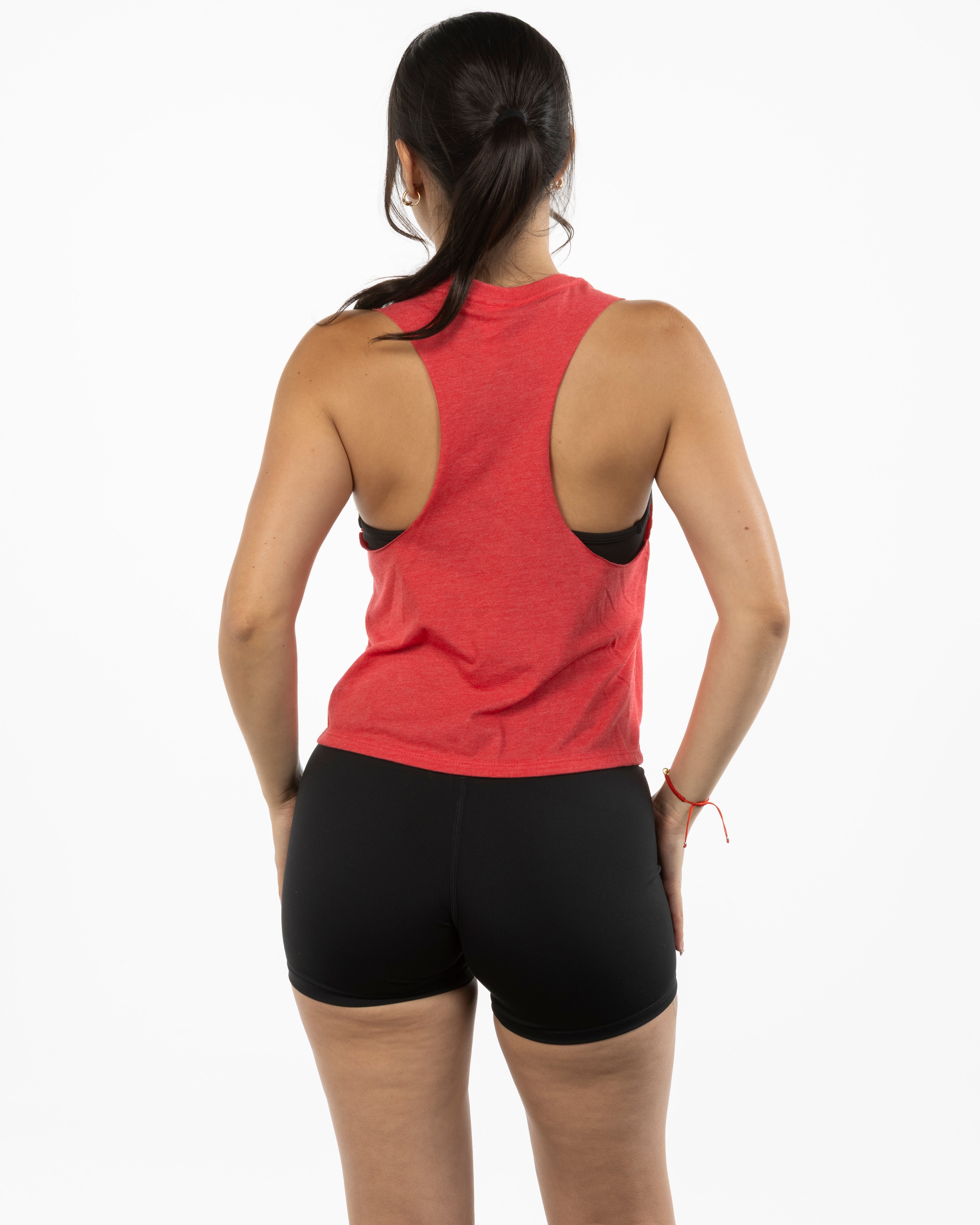 The Crop Muscle Racerback - Heather Red - Evolve Collective - Center Chest - Printed - White