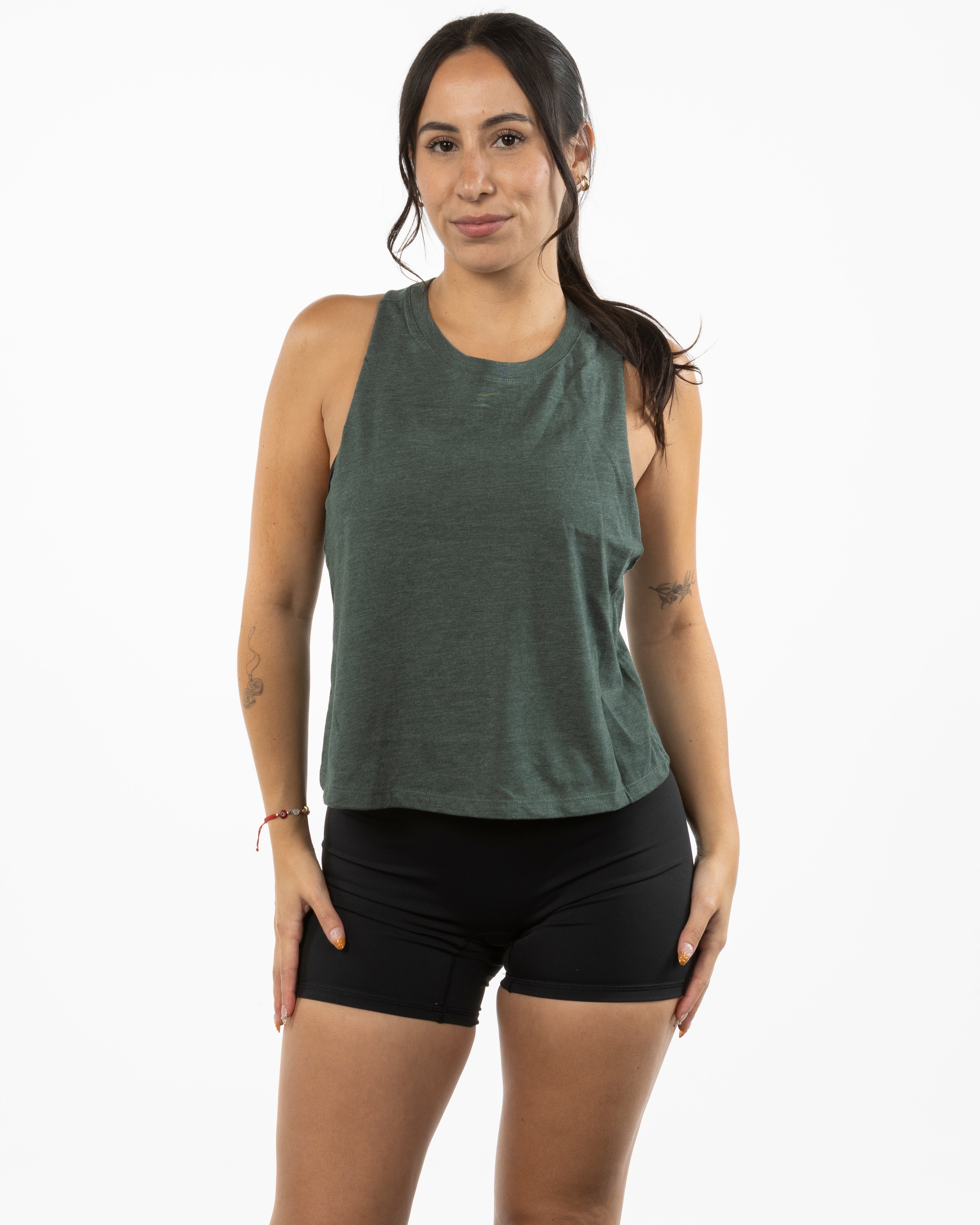 The Crop Muscle Racerback - Heather Forest - Evolve Collective - Center Chest - Printed - Tone on Tone