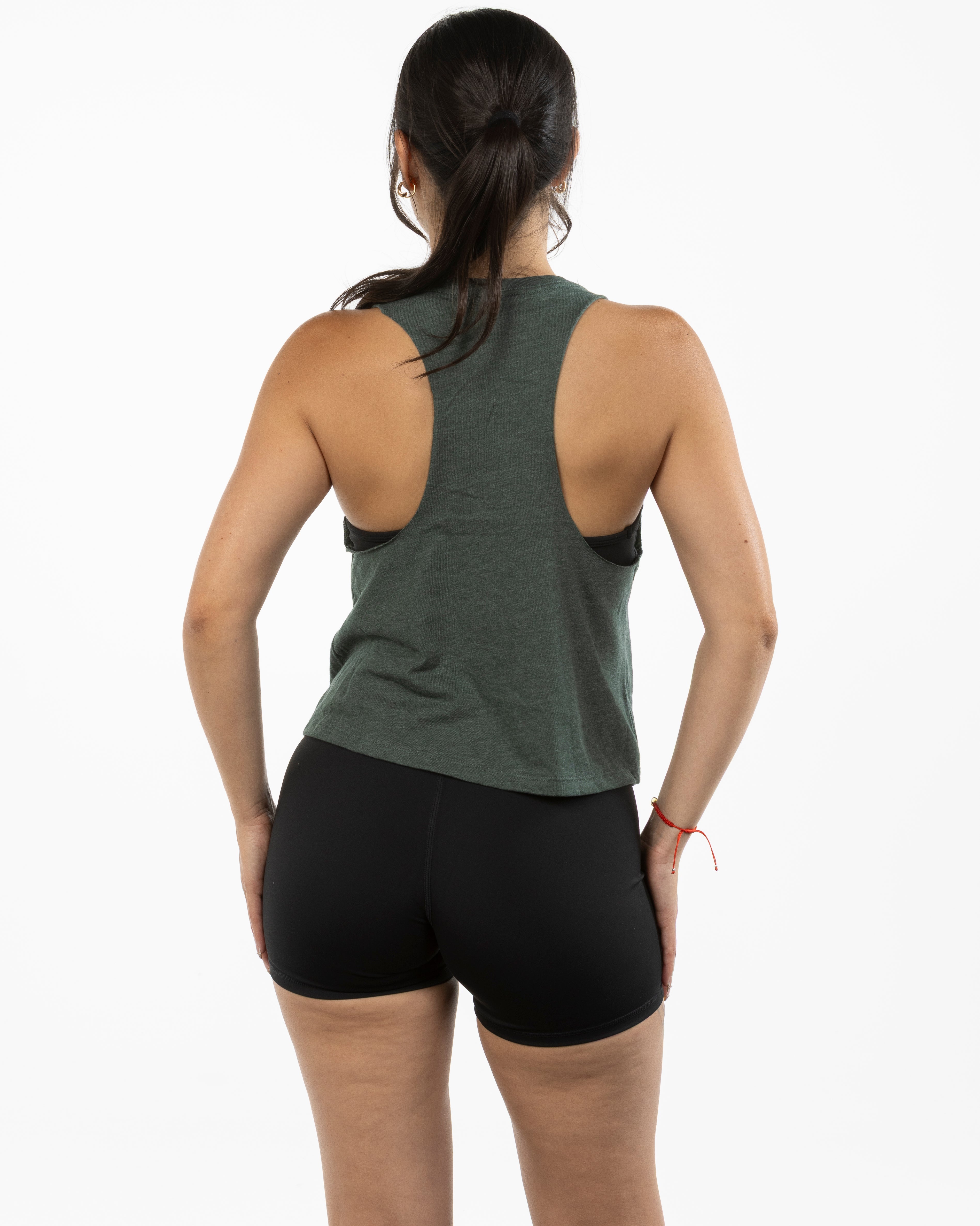 The Crop Muscle Racerback - Heather Forest - Evolve Collective - Center Chest - Printed - Tone on Tone