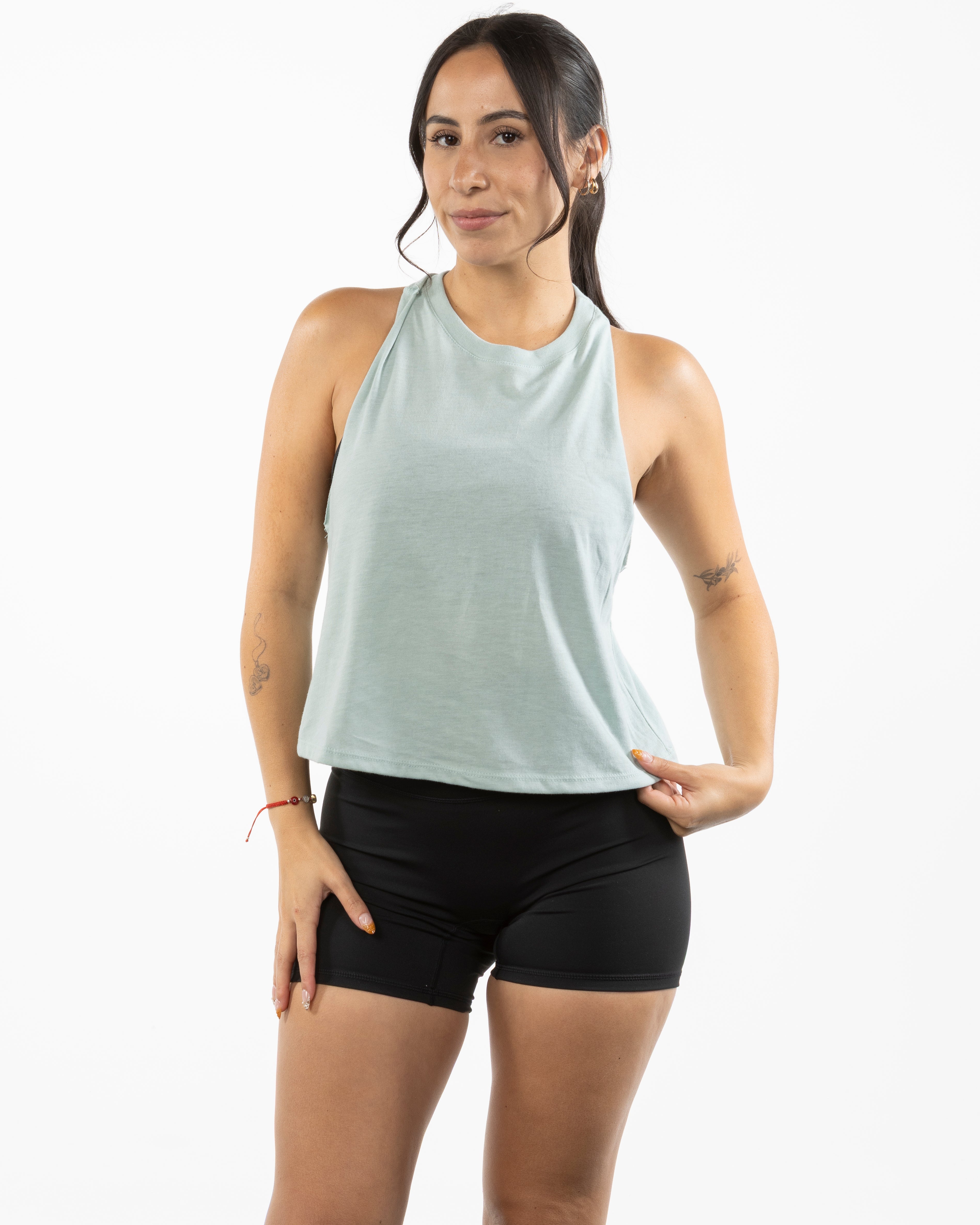The Crop Muscle Racerback - Heather Dusty Blue - XPLOREFIT - Center Chest Stacked - Printed - Full Color