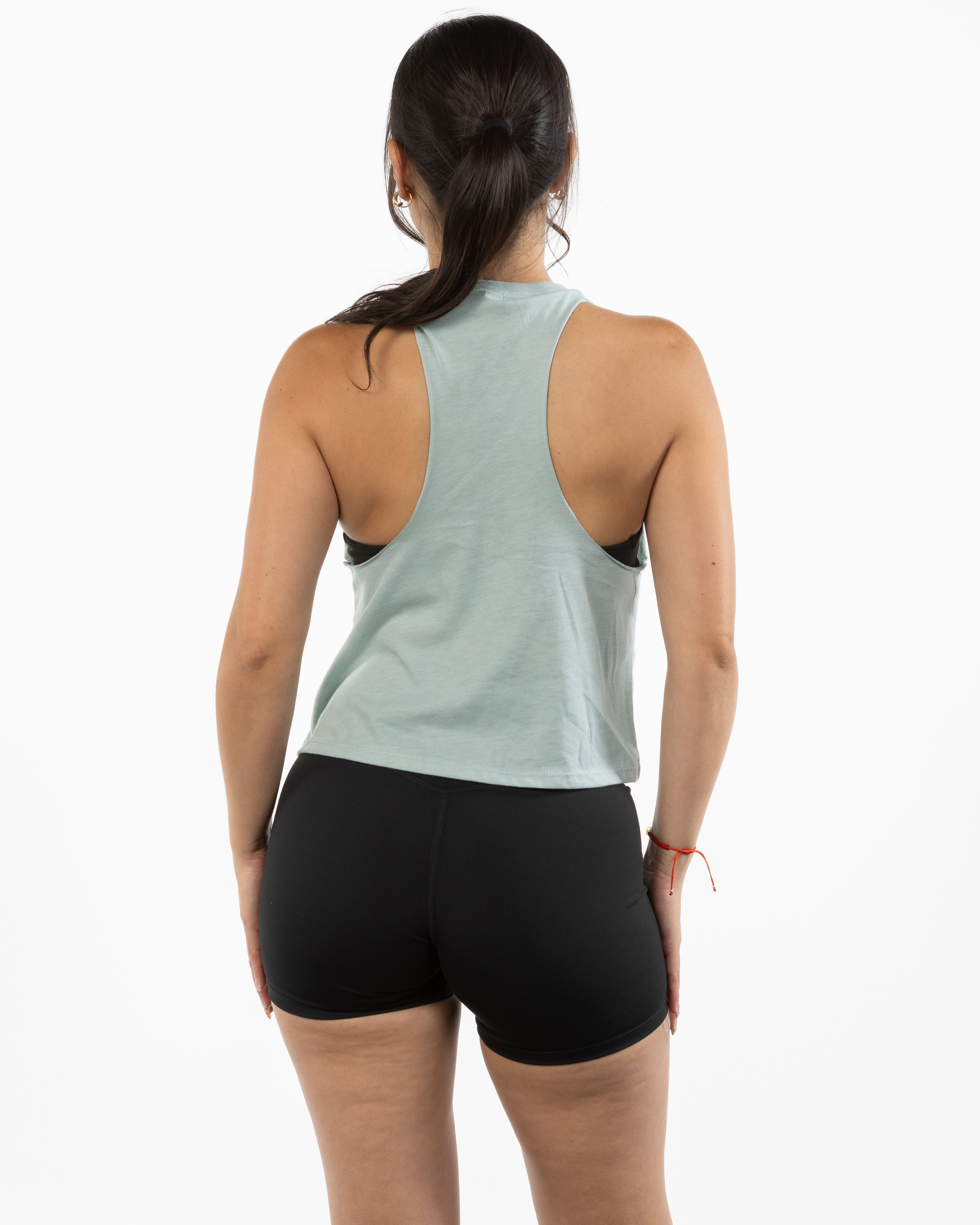 The Crop Muscle Racerback - Heather Dusty Blue - XPLOREFIT - Center Chest Stacked - Printed - Full Color