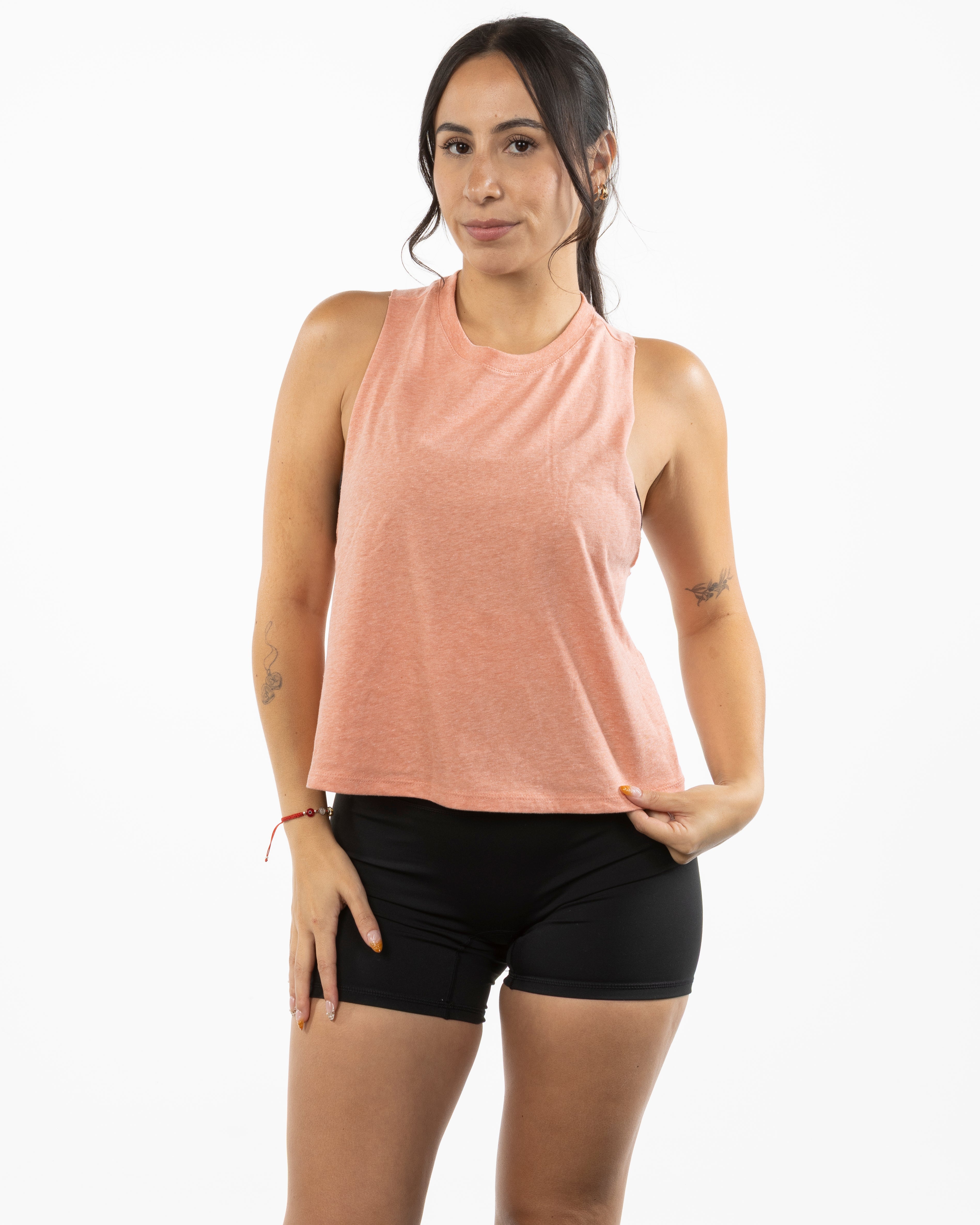 The Crop Muscle Racerback - Heather Sunset - Evolve Collective - Center Chest - Printed - White