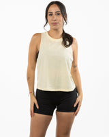 The Crop Muscle Racerback - Heather French Vanilla - Evolve Collective - Center Chest - Printed - Tone on Tone