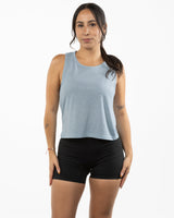 The Daily Crop Tank - Stonewash Denim - Movement With Chels - Center Chest & Back Neckline - Printed - Light Blue
