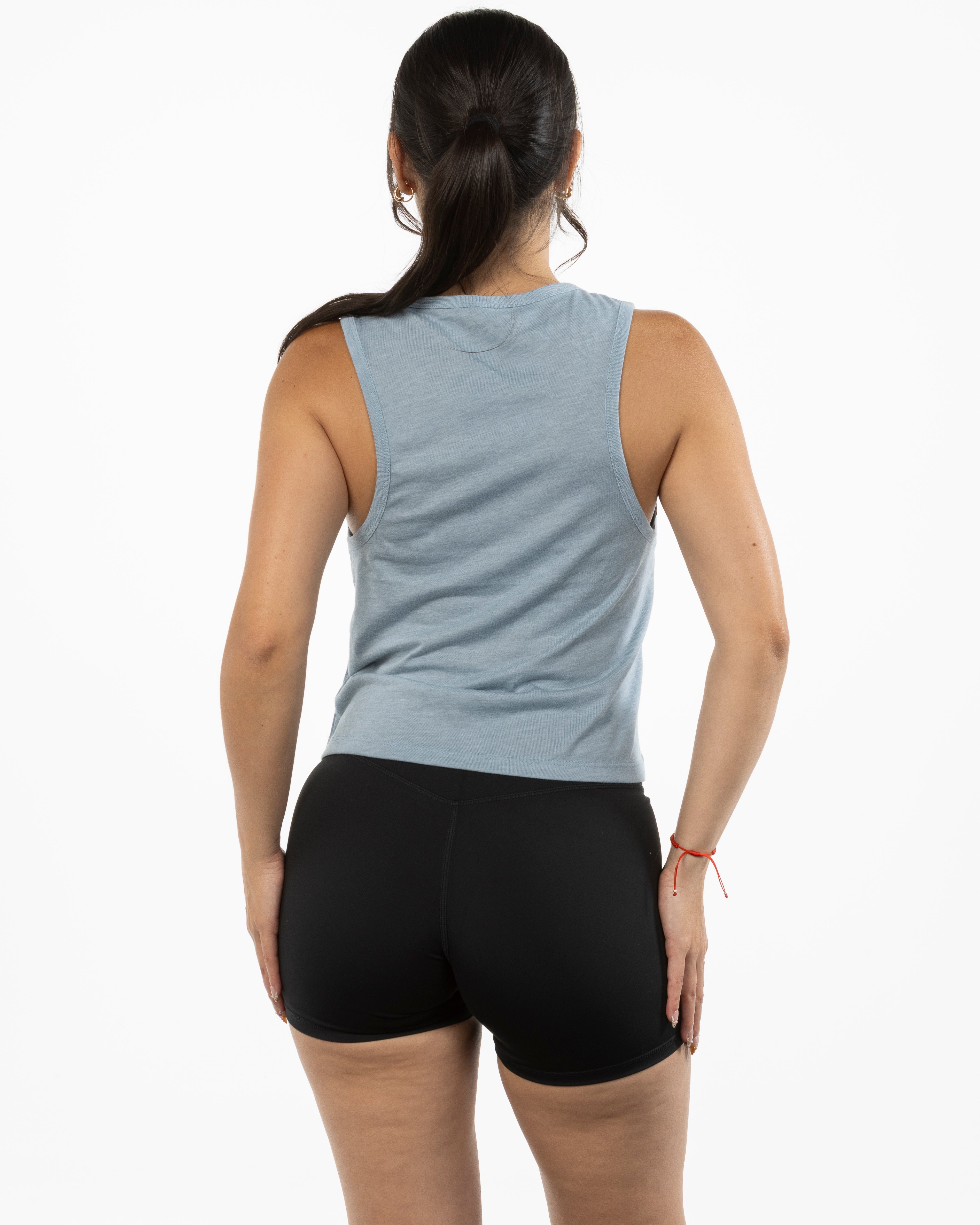 The Daily Crop Tank - Stonewash Denim - Pilates of Plantation - Left Chest - Printed - Dark Blue