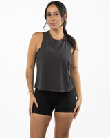 The Crop Muscle Racerback - Dark Grey Heather - Evolve Collective - Center Chest - Printed - Black