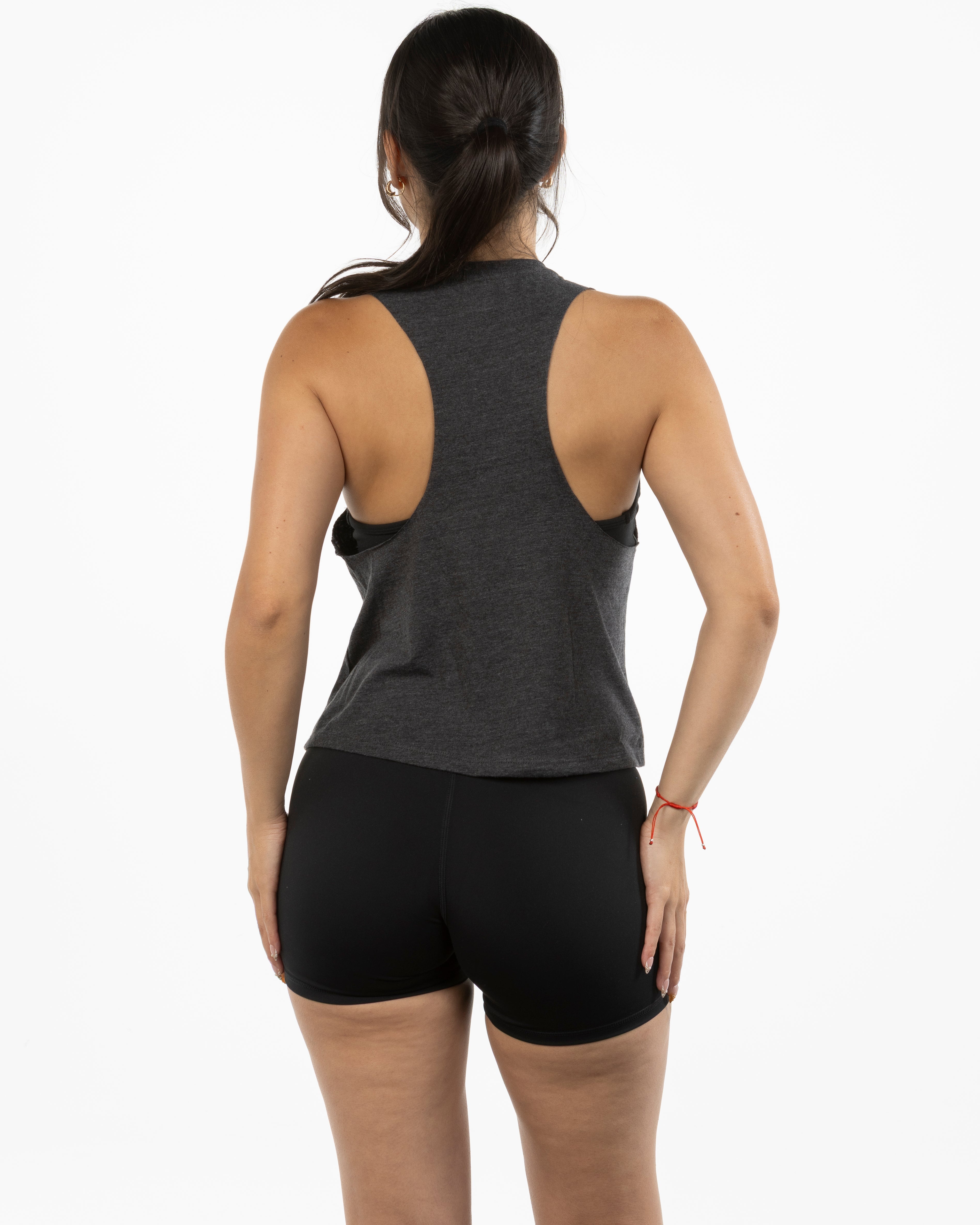 The Crop Muscle Racerback - Dark Grey Heather - Evolve Collective - Center Chest - Printed - Black
