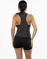 The Crop Muscle Racerback - Dark Grey Heather - Evolve Collective - Center Chest - Printed - Black