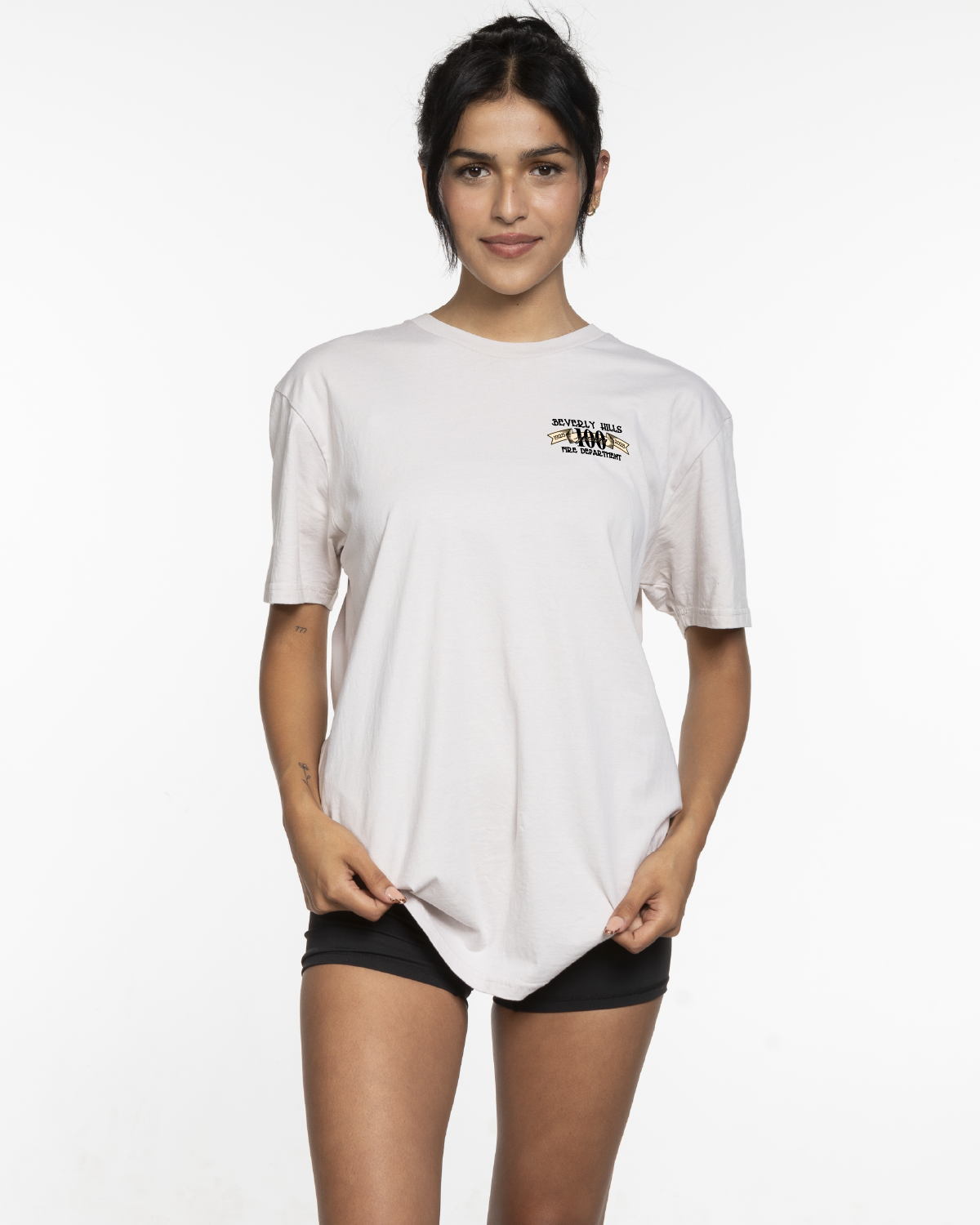 The Mens Tee - Bone - Beverly Hills - Left Chest Stacked "100" - Full Back - Full Color