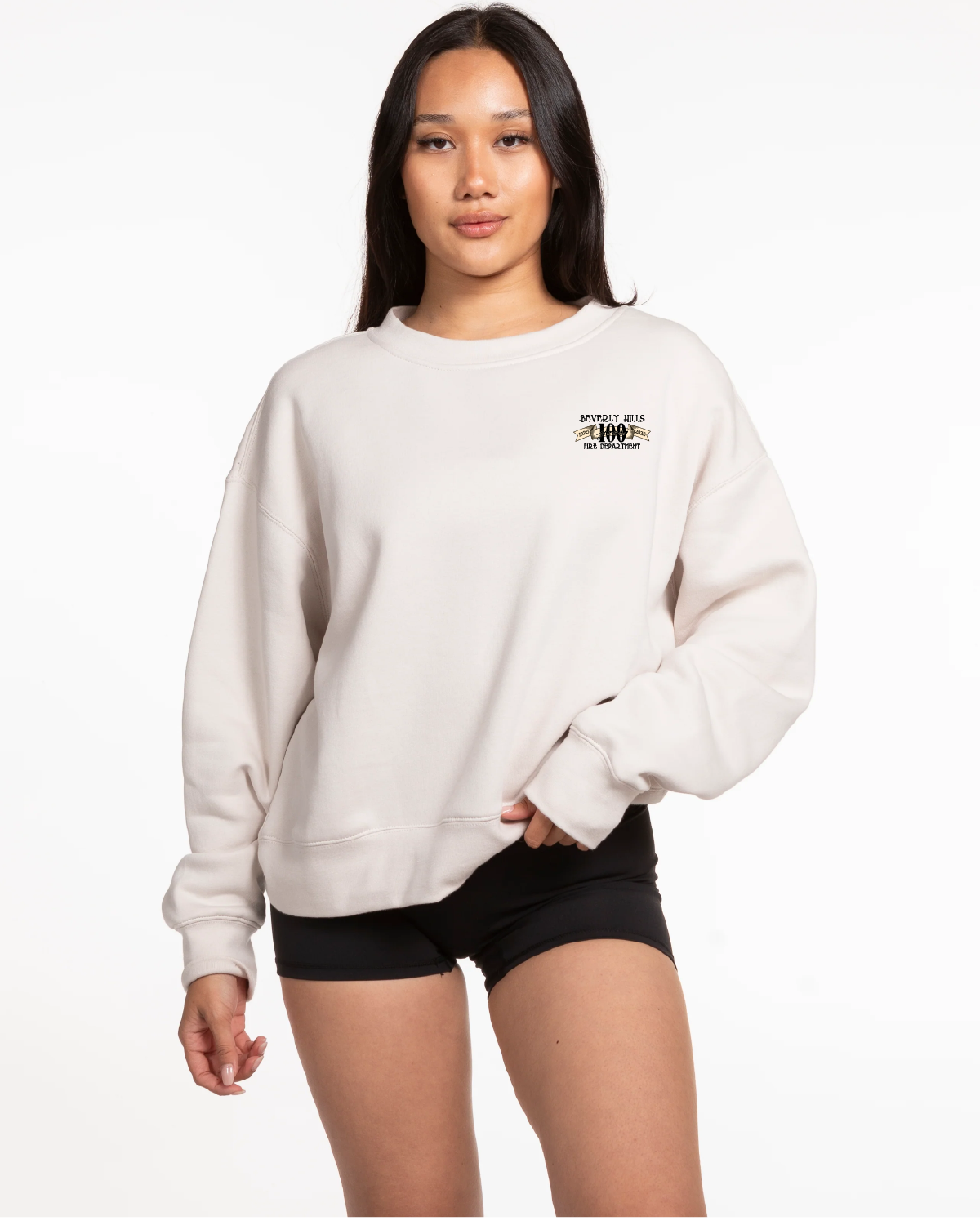The Womens Crewneck - Bone - Beverly Hills - Left Chest Stacked "100" - Full Back - Full Color