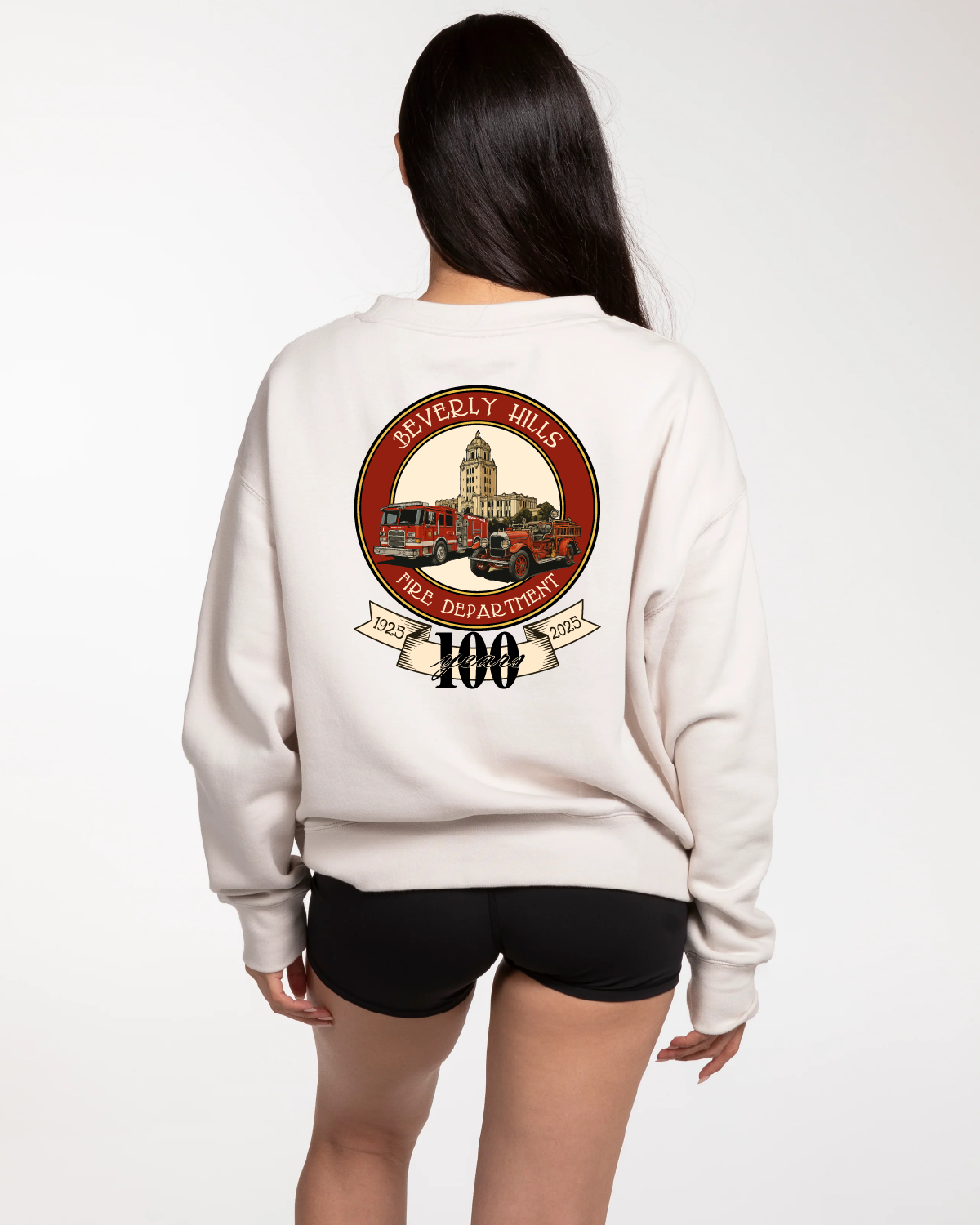 The Womens Crewneck - Bone - Beverly Hills - Left Chest Stacked "100" - Full Back - Full Color