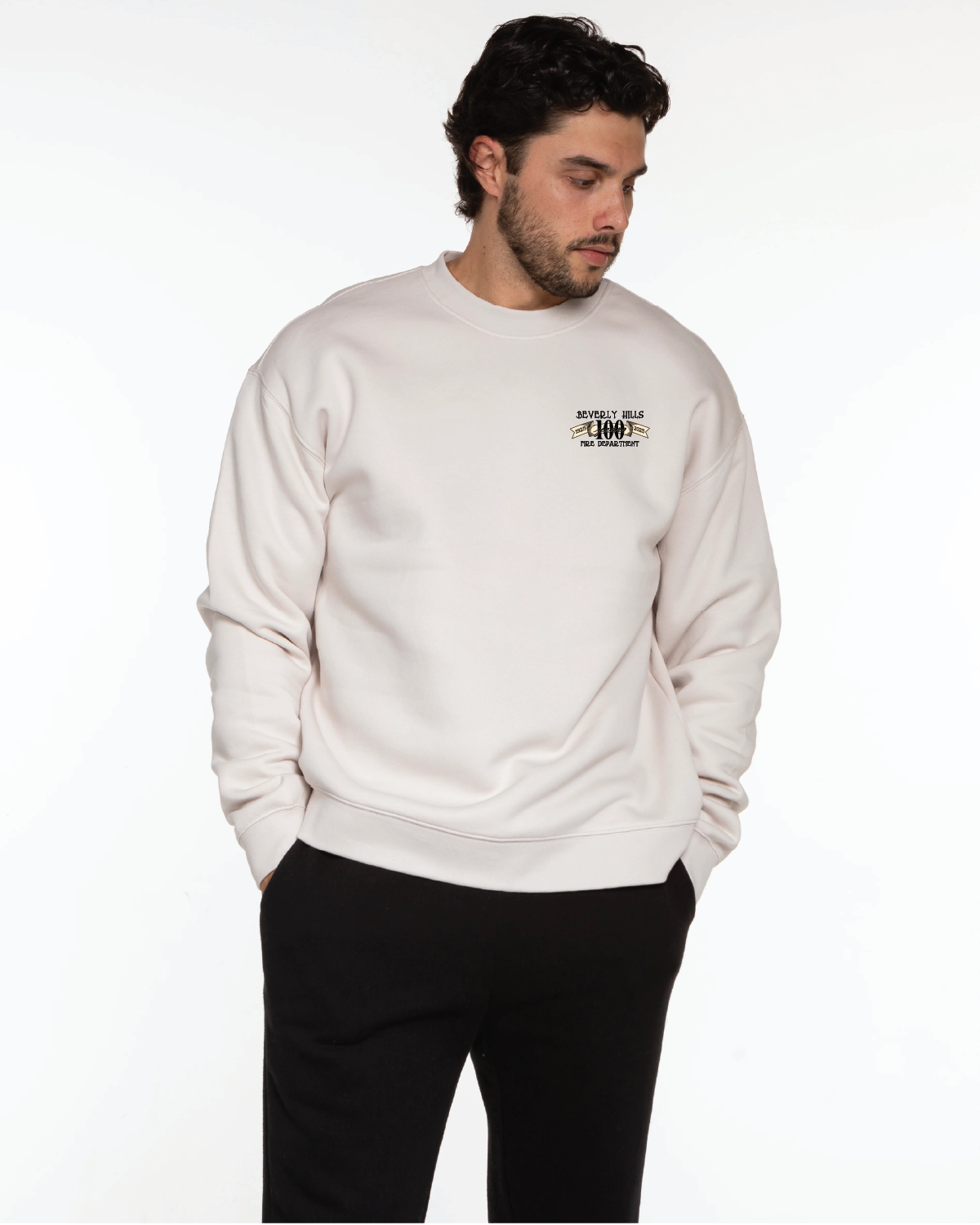 The Mens Crewneck - Washed Bone - Beverly Hills - Left Chest Stacked "100" - Full Back - Full Color