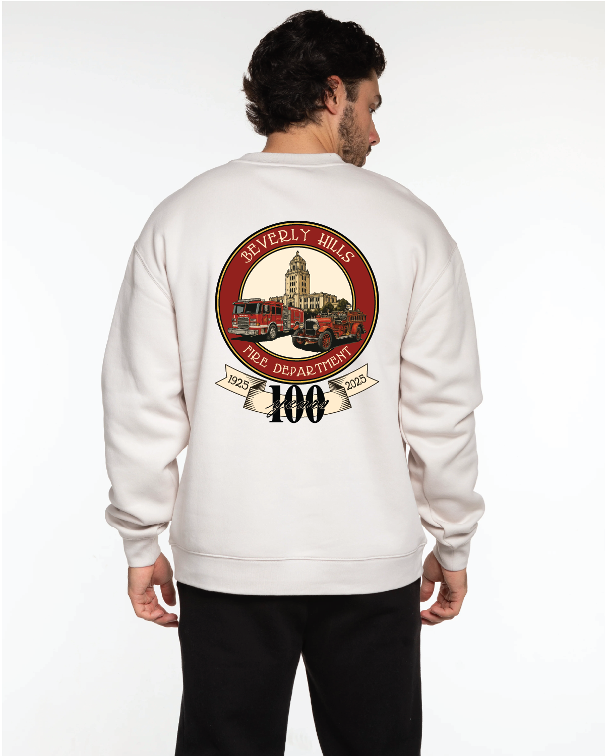 The Mens Crewneck - Washed Bone - Beverly Hills - Left Chest Stacked "100" - Full Back - Full Color