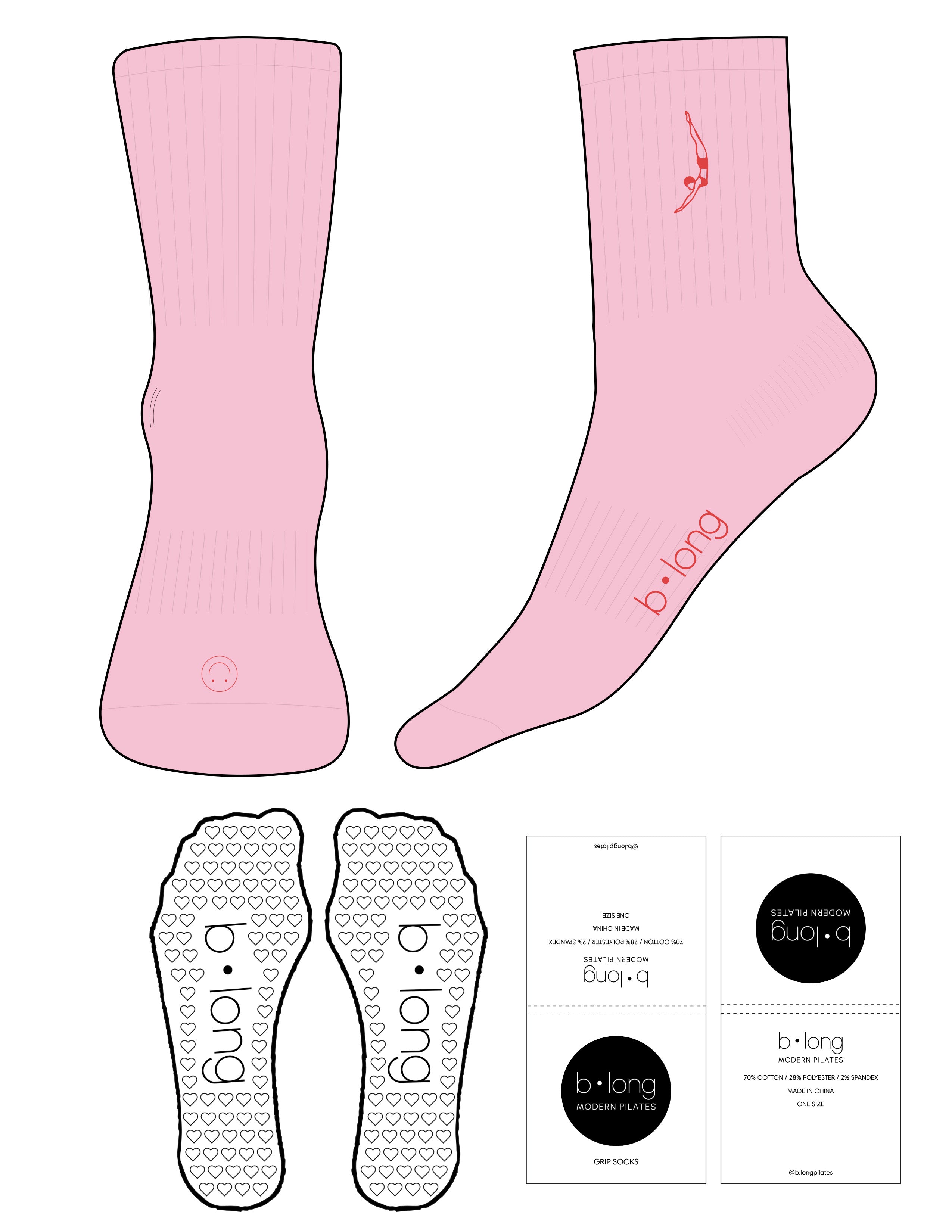 The 3/4 Crew Sock - Pink - B Long Pilates - Top & Sole Logo EMB- Toe Logo Printed - Dark Pink - Heart Grip - Dark Pink