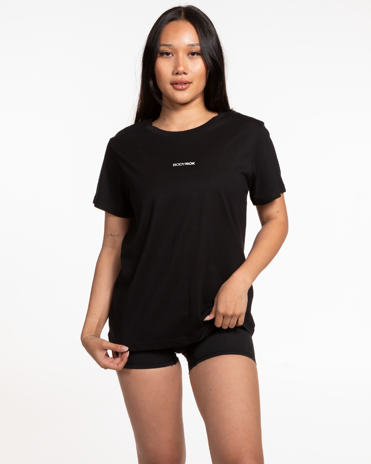 The Womens Tee - Black - Training Club - Center Chest & Back Center Stacked - Printed - White