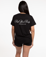 The Womens Tee - Black - Training Club - Center Chest & Back Center Stacked - Printed - White