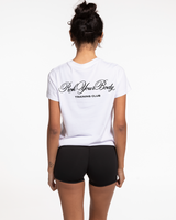 The Womens Tee - White - Training Club - Center Chest & Back Center Stacked - Printed - Black