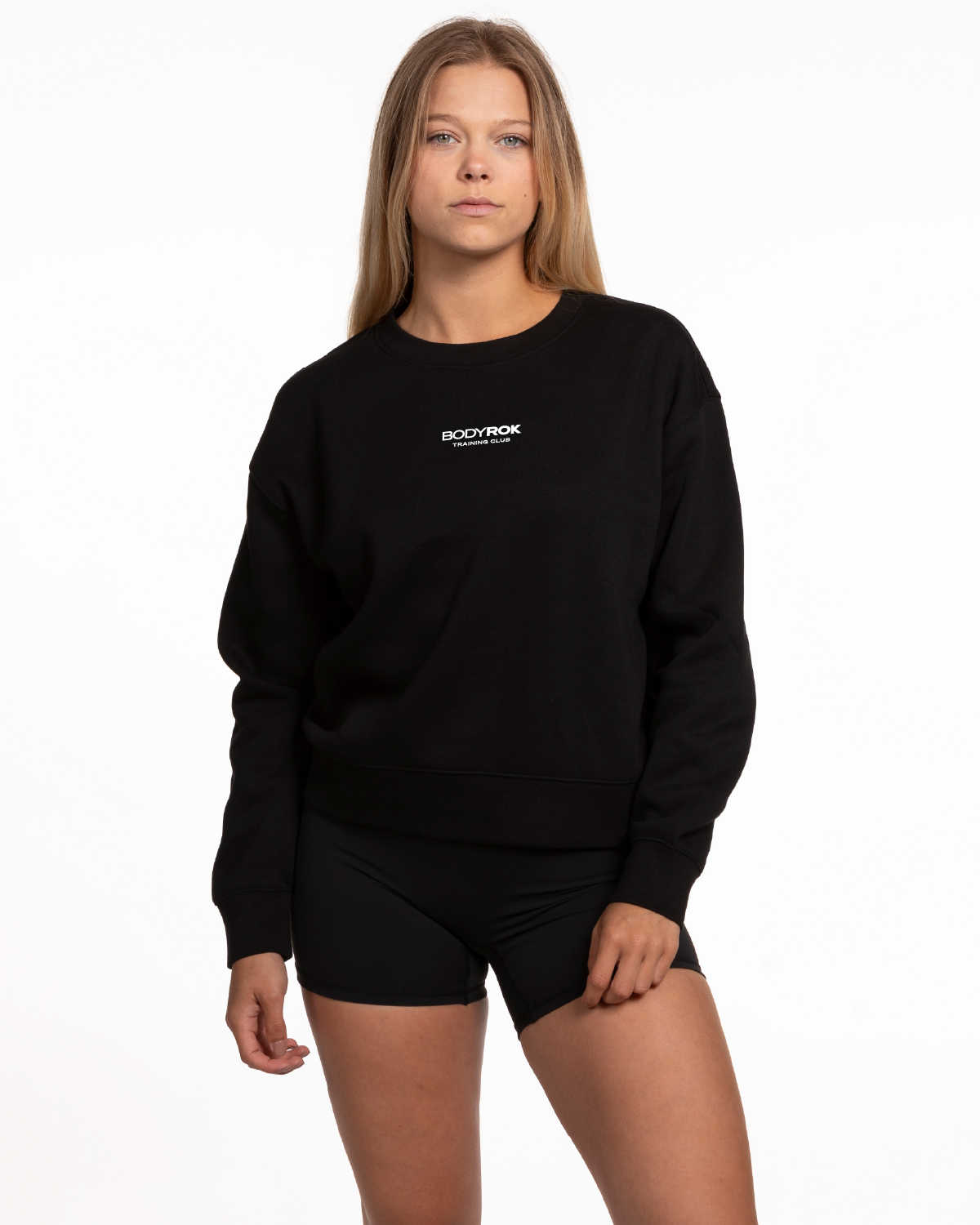 The Womens Crewneck - Black - Training Club - Center Chest Stacked - Printed - White