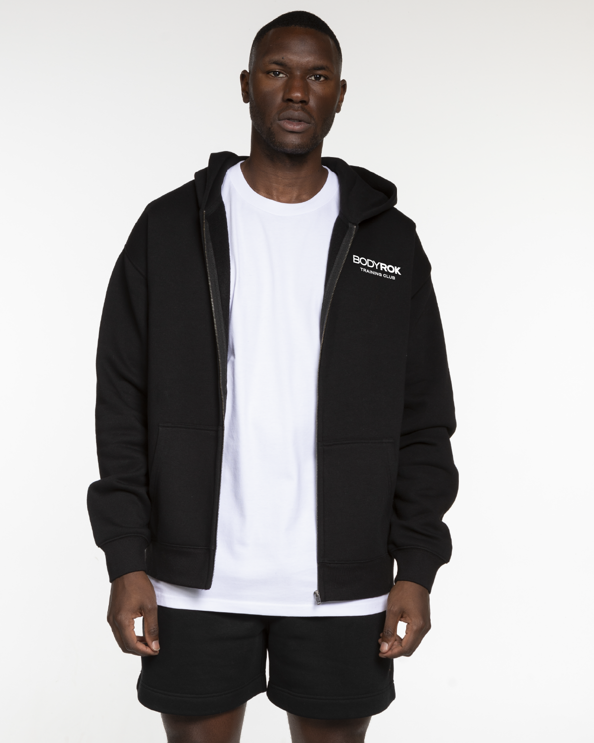 The Mens Zip Hoodie - Black - Training Club - Left Chest Stacked - Printed - White