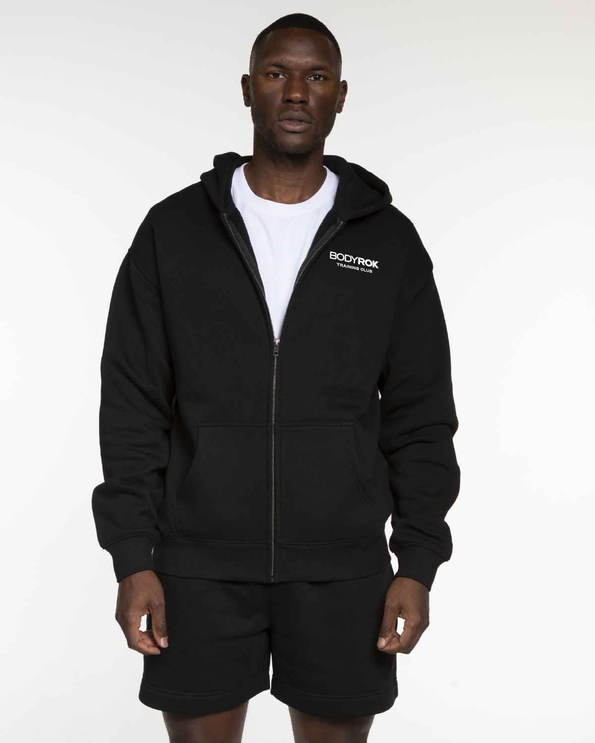 The Mens Zip Hoodie - Black - Training Club - Left Chest Stacked - Printed - White