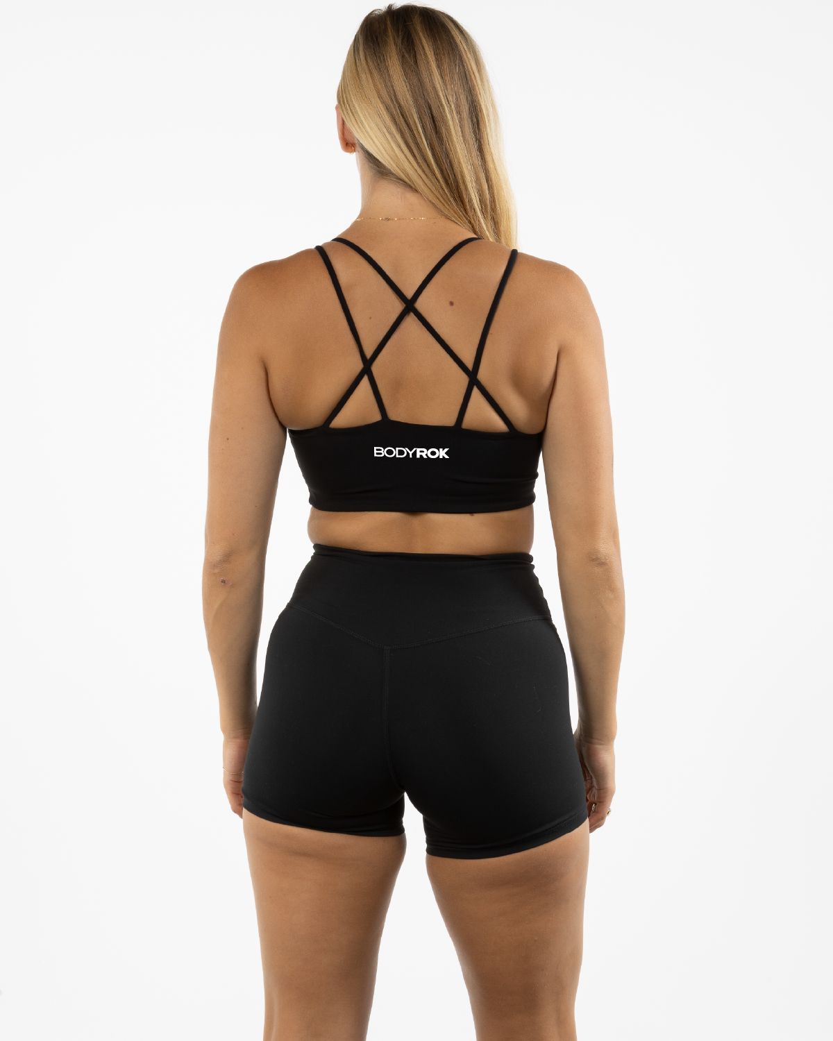 The Strappy Bra - Black - Bodyrok Employee - Center Back - Printed - White