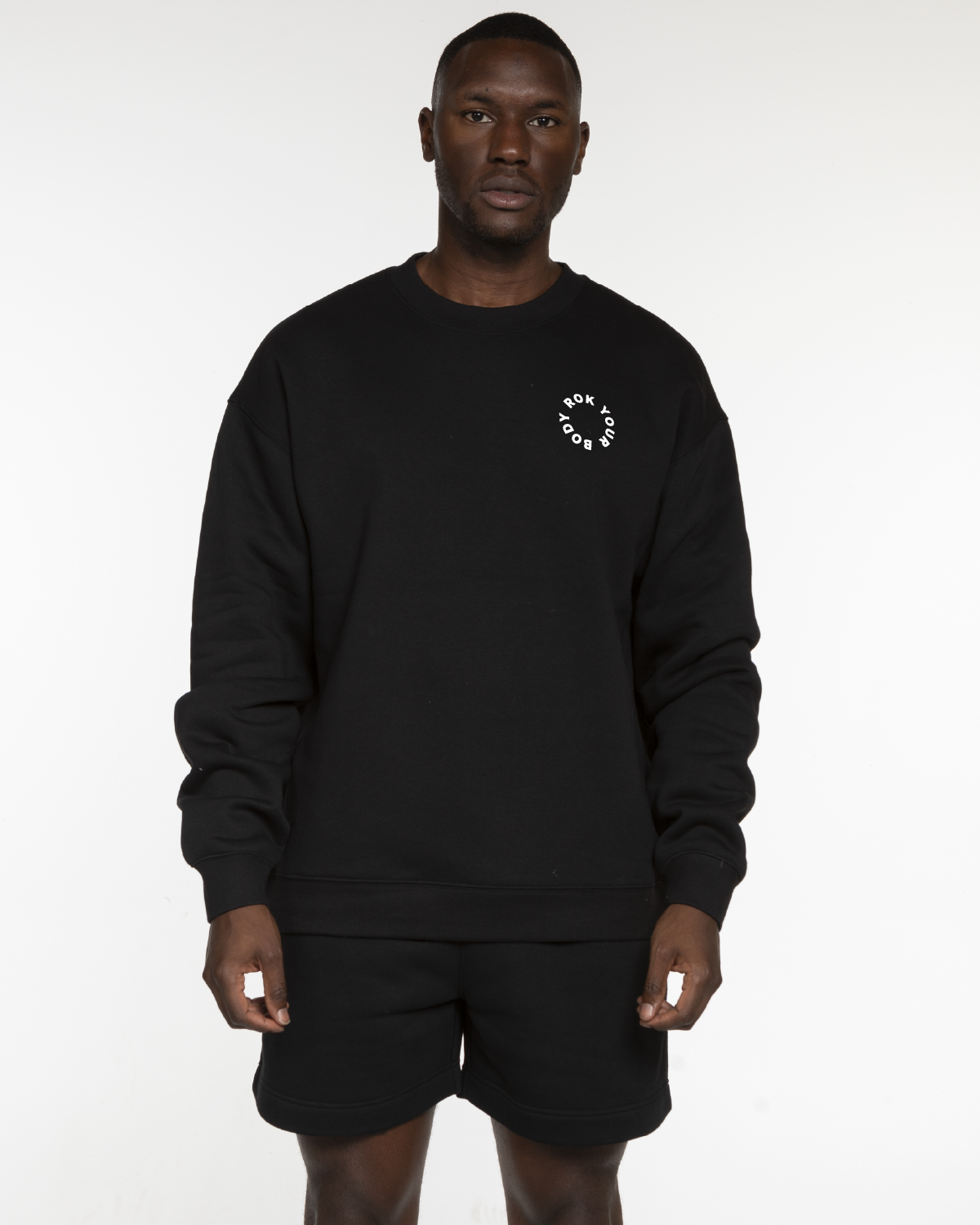 The Mens Crewneck - Black - Bodyrok Employee - Left Chest & Back Stacked - Printed - White