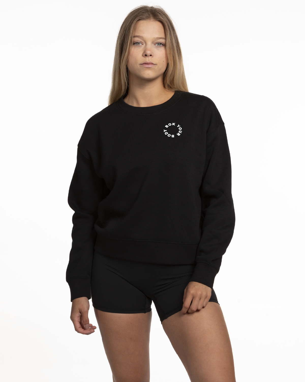 The Womens Crewneck - Black - Bodyrok Employee - Left Chest & Back Neckline - Printed - White