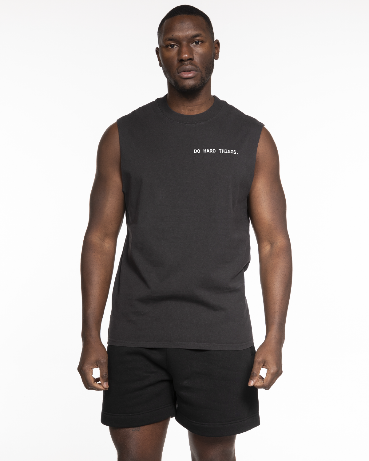 The Mens Heavyweight Tank - Washed Black - Bodyrok Employee - Left Chest & Back Vertical - Printed - White
