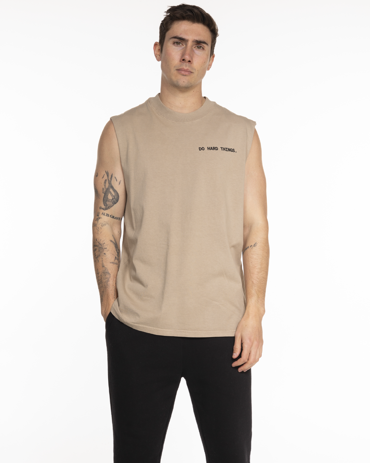 The Mens Heavyweight Tank - Washed Khaki - Bodyrok Employee - Left Chest & Back Vertical - Printed ]- Black