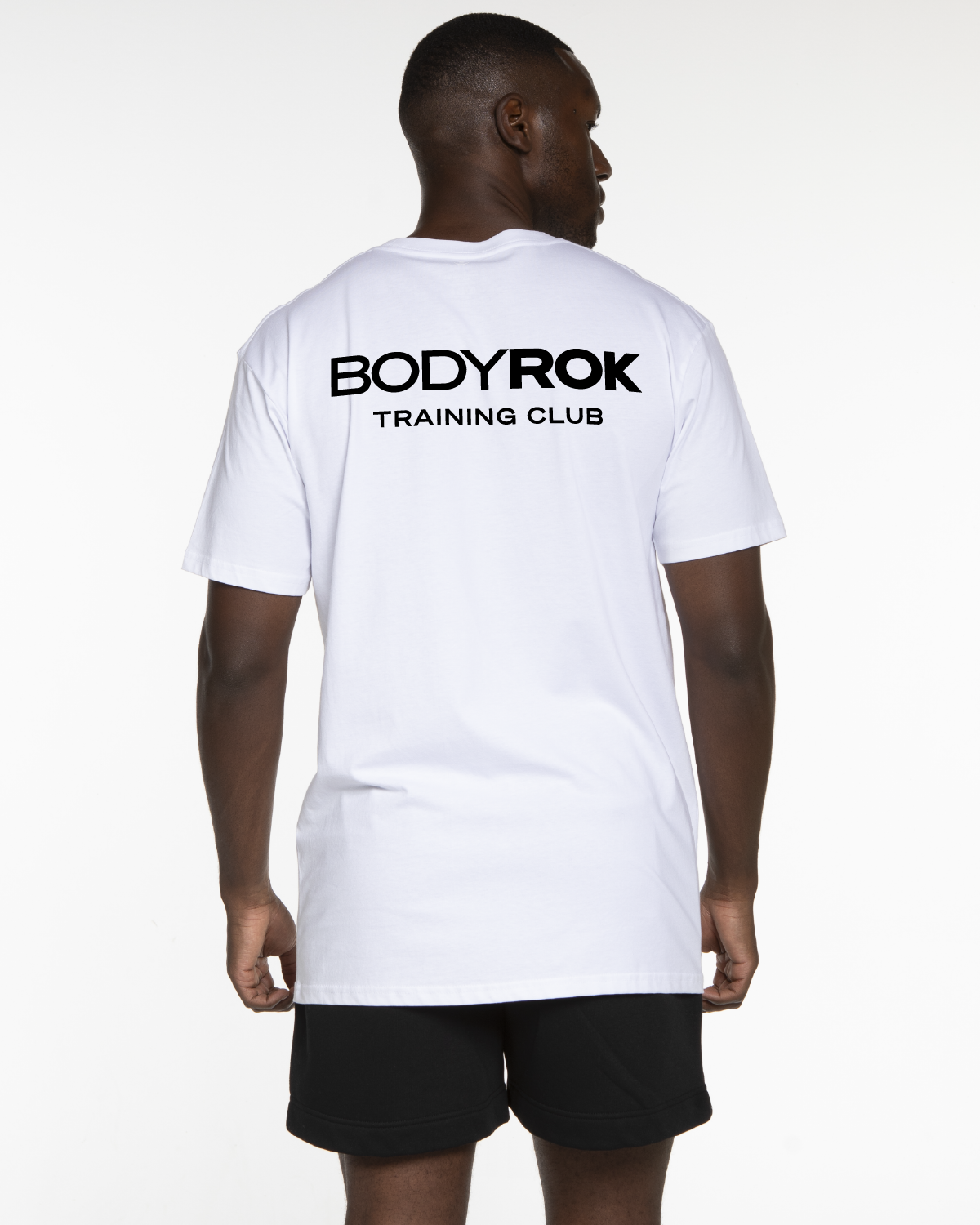 The Mens Tee - White - Bodyrok Employee - Center Chest & Back Stacked - Printed - Black