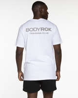 The Mens Tee - White - Bodyrok Employee - Center Chest & Back Stacked - Printed - Storm Gray