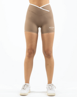 The Piped Crossover Short - Brown - Summer 2026 - Front Bottom Left - Printed - White