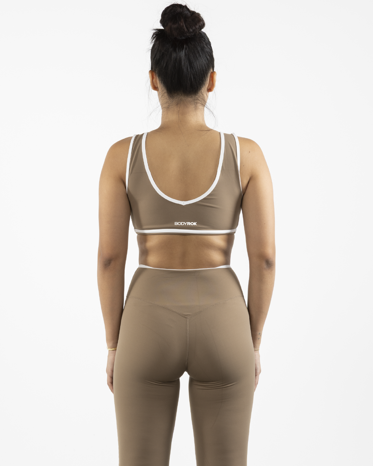 The Piped Bra - Brown - Bodyrok Employee - Center Back - Printed - White