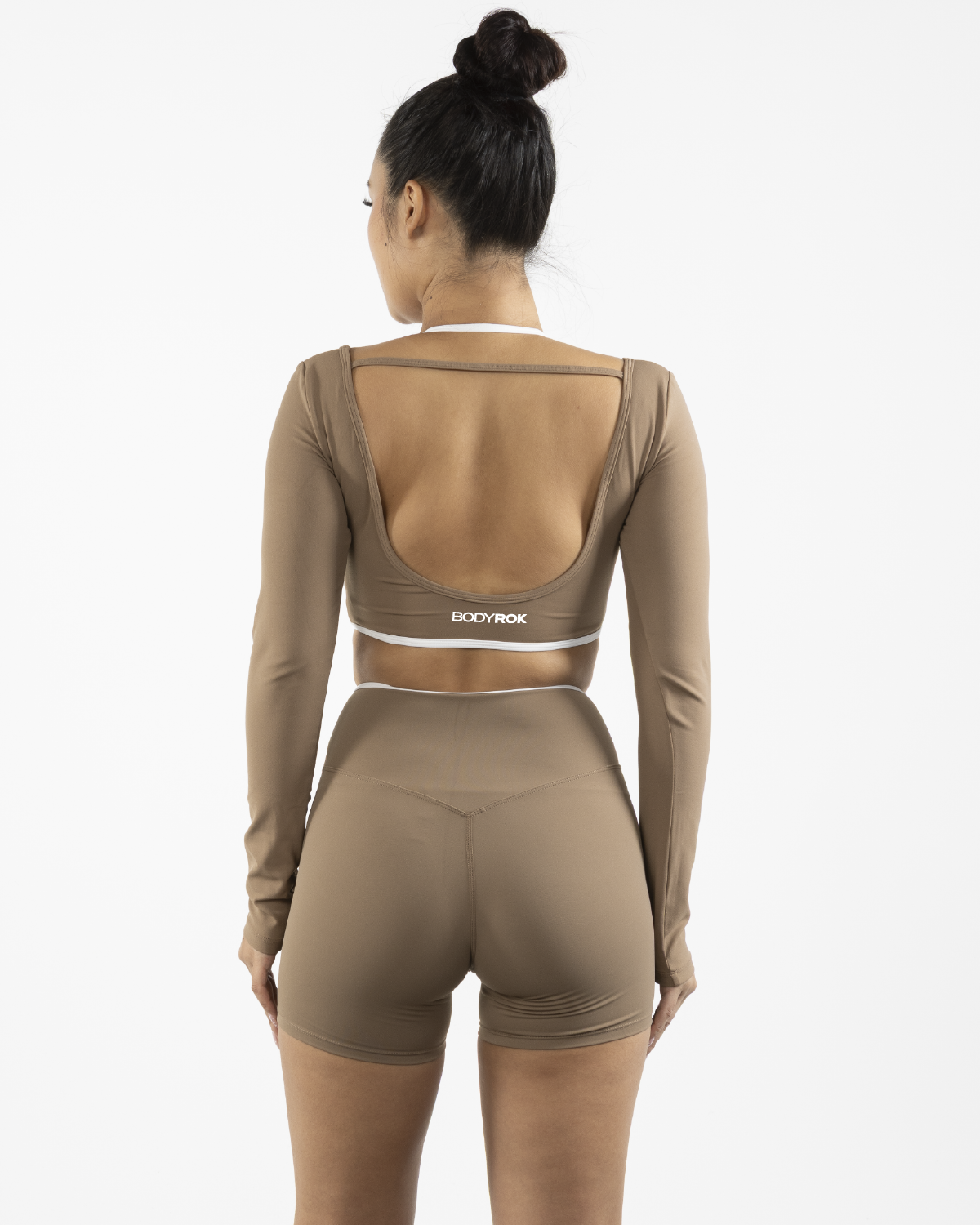 The Piped Crop Long Sleeve - Brown - Bodyrok Employee - Center Back - Printed - White