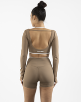 The Piped Crop Long Sleeve - Brown - Bodyrok Employee - Center Back - Printed - White