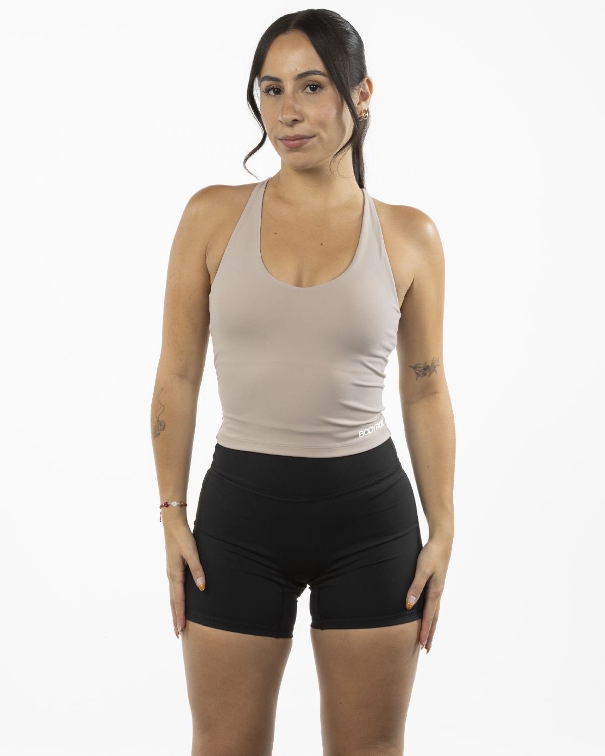 The Sporty Strappy Tank - Light Brown - Bodyrok Employee - Front Left Bottom - Printed - White