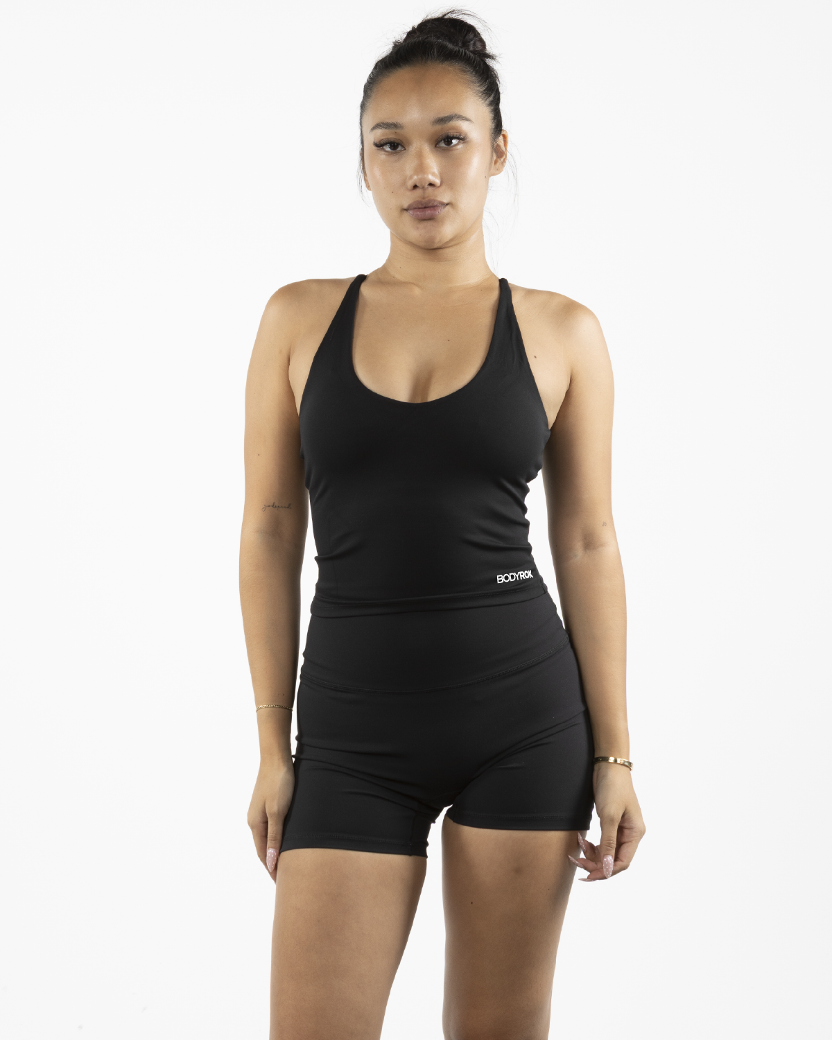 The Sporty Strappy Tank - Black - Bodyrok Employee - Front Bottom Left - Printed - White
