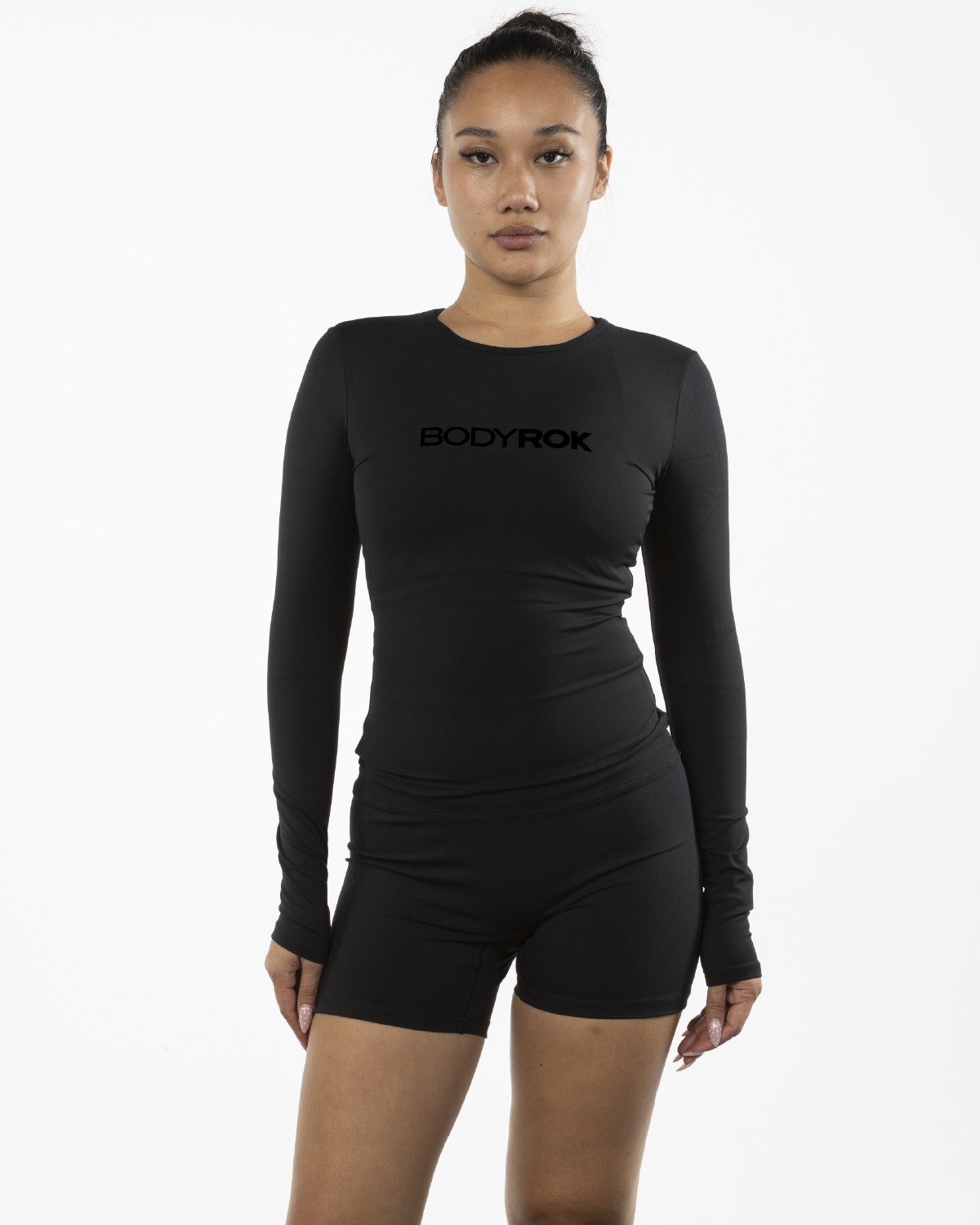 The Womens Sporty Long Sleeve - Black - Bodyrok Employee - Center Chest - Printed - Glossy Black