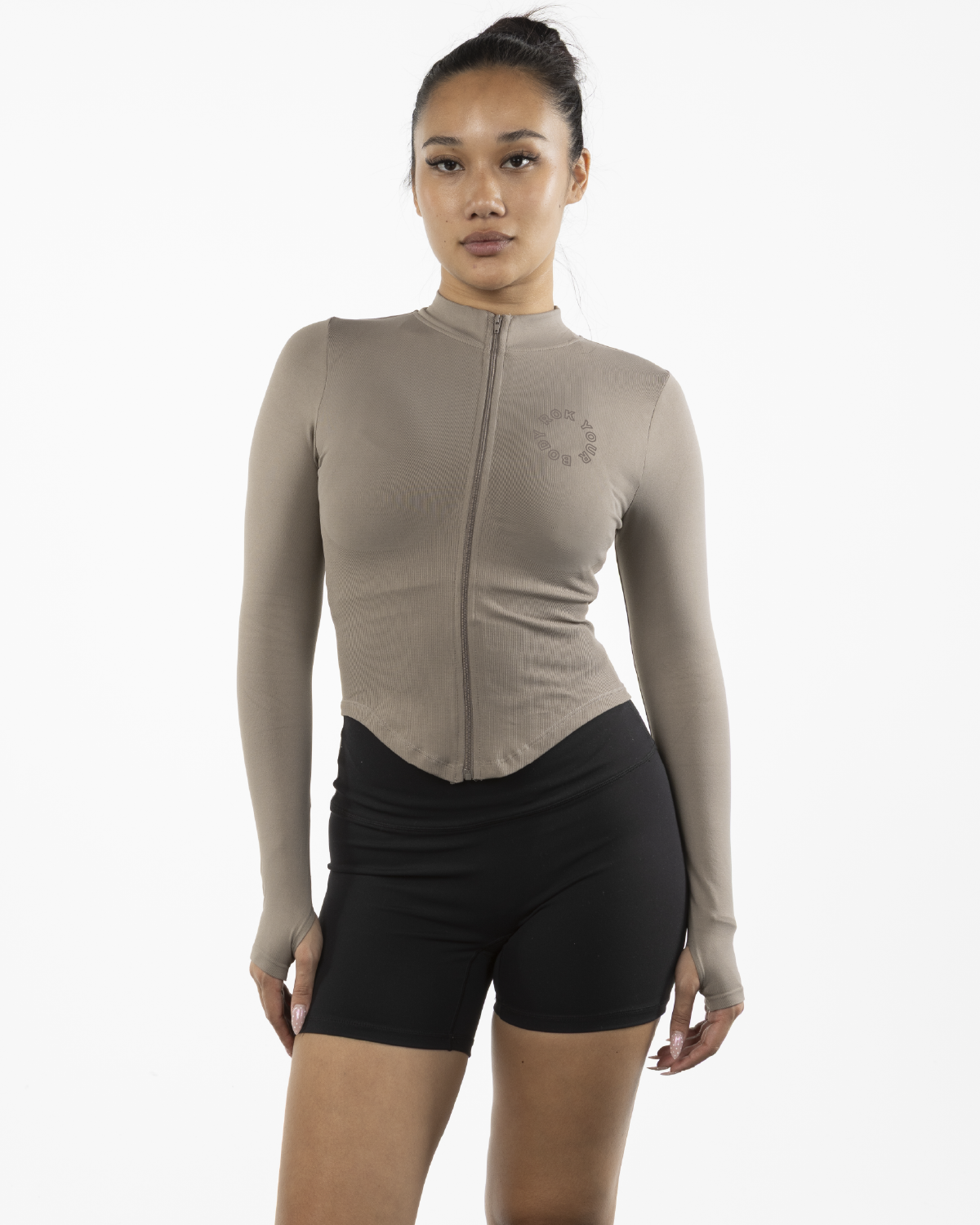 The 3/4 Crop Zip Jacket - Brown - Bodyrok Employee - Left Chest & Back Stacked - Printed - Tone on Tone