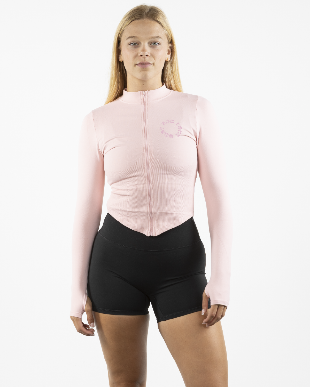 The 3/4 Crop Zip Jacket - Pink - Bodyrok Employee - Left Chest & Back Stacked - Printed - Tone on Tone