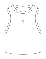 The Ribbed Crop Tank - White - BRIELLELEON - Center Chest Palm Tree - EMB - Baby Blue