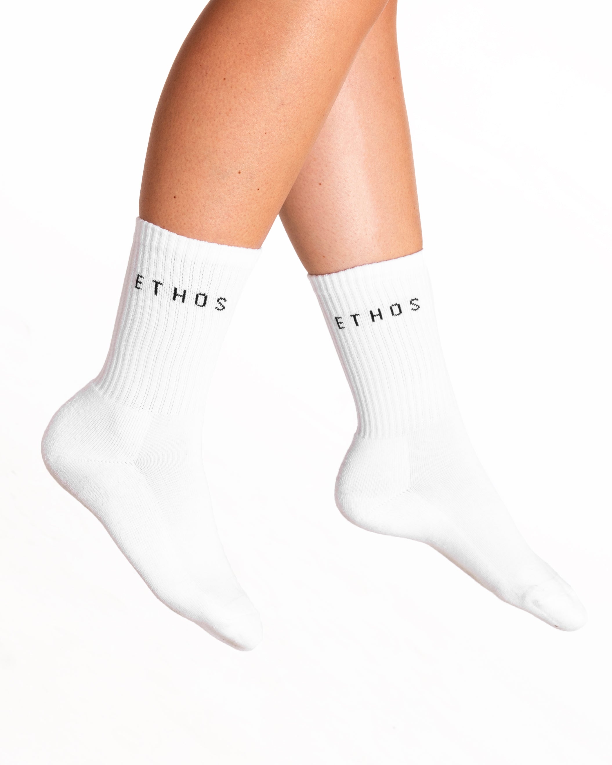 Crew Sock - White - Pilates Plus PB - Front & Top Stacked - Heart Grip - Black